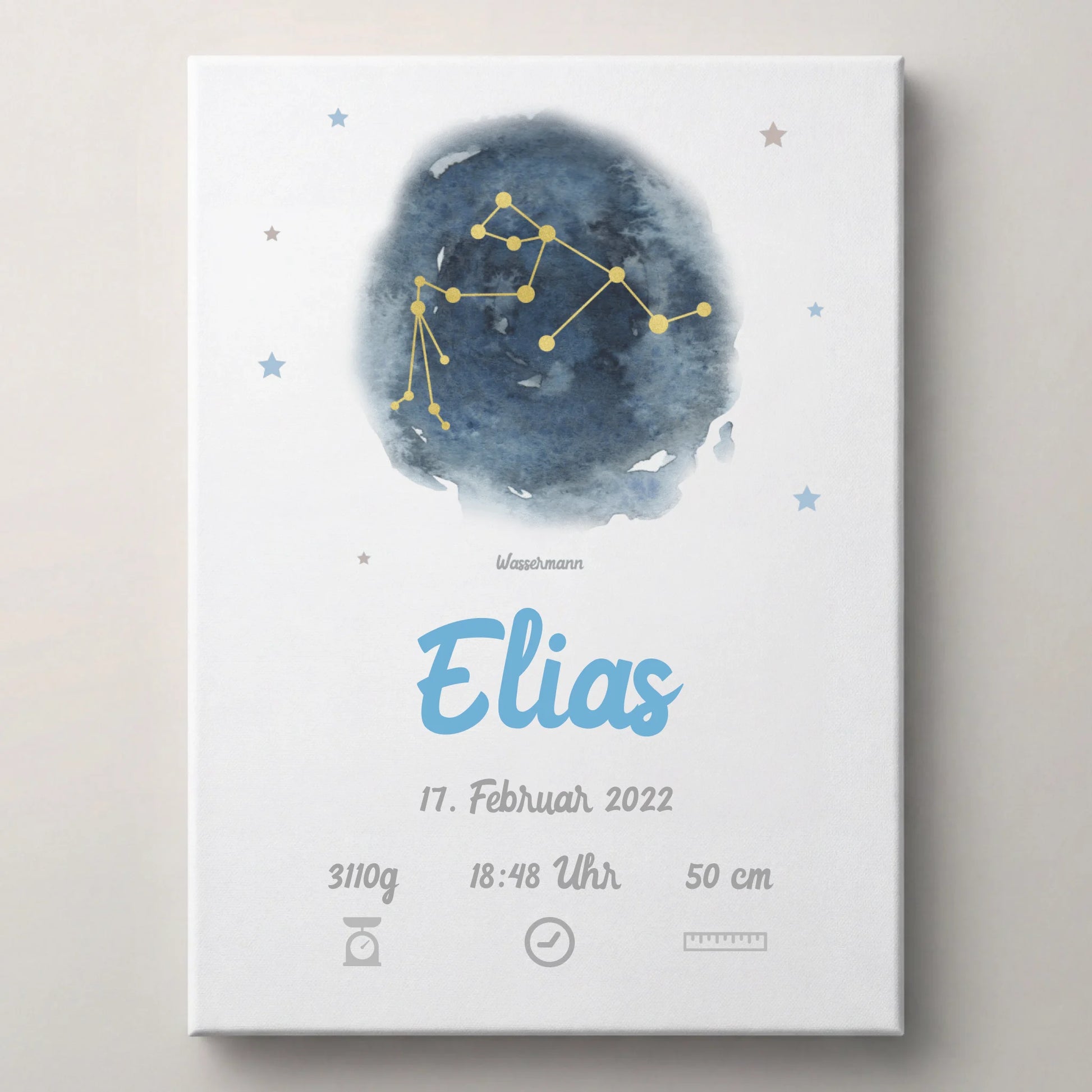 Personalisiertes Sternzeichen Geburtsbild von lovely Art als Baby Poster auf Leinwand, blau mit goldenen Sternen