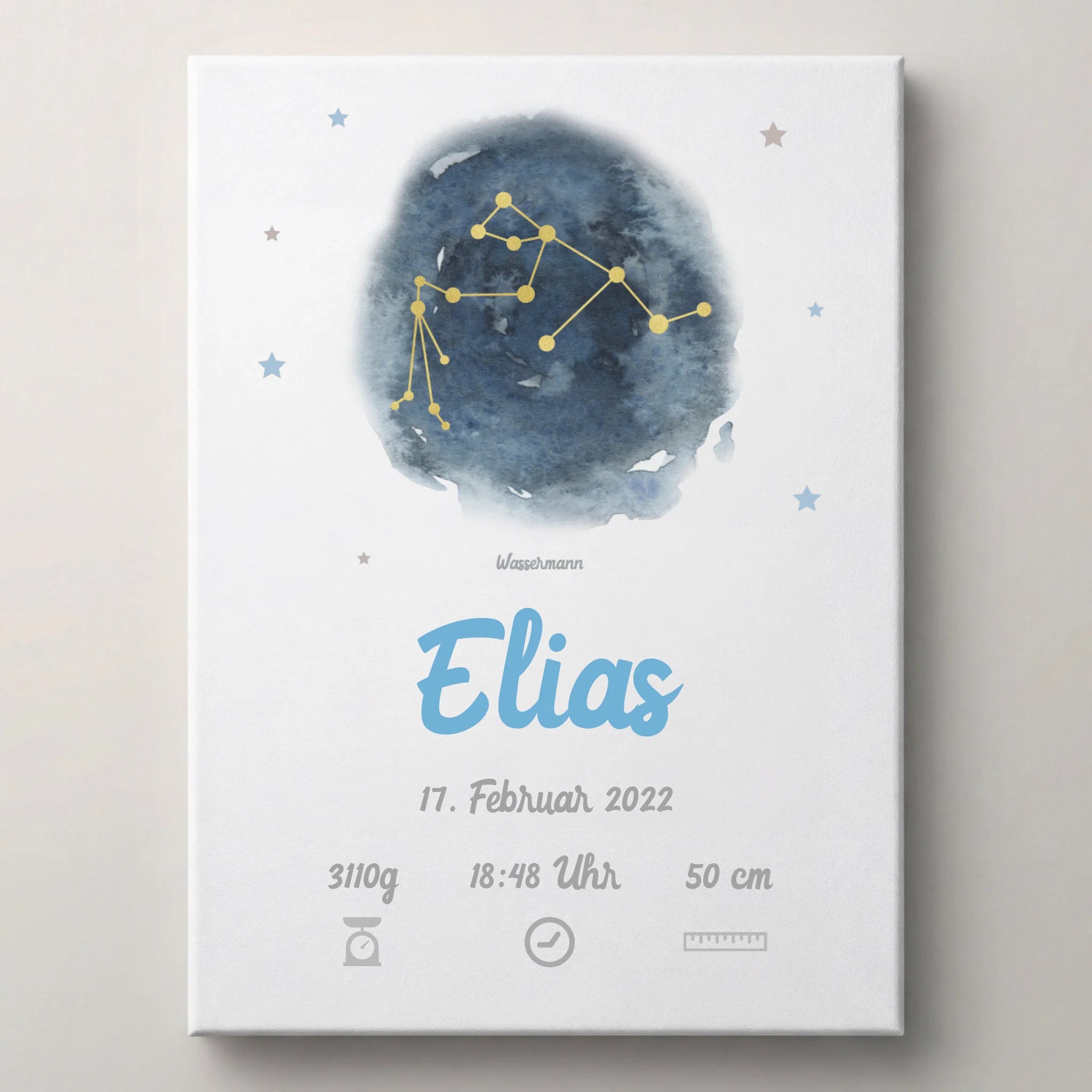 Personalisiertes Sternzeichen Geburtsbild von lovely Art als Baby Poster auf Leinwand, blau mit goldenen Sternen