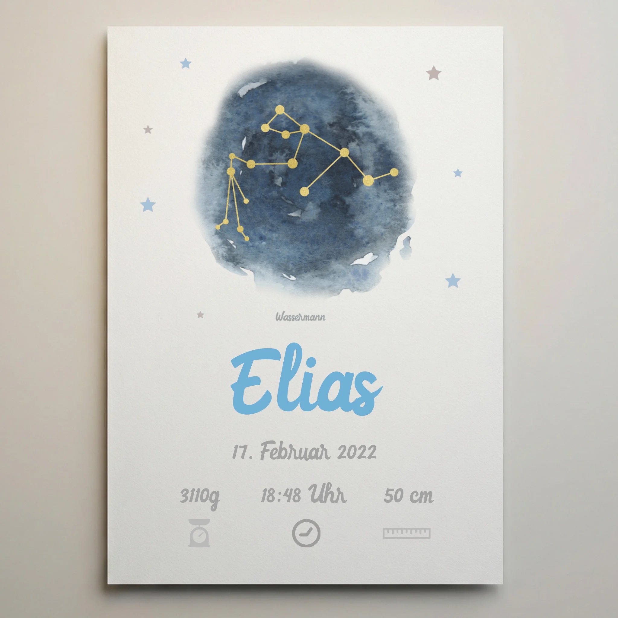 Personalisiertes Sternzeichen Geburtsbild von lovely Art als Babyposter in Blau mit Namen und Geburtsdaten