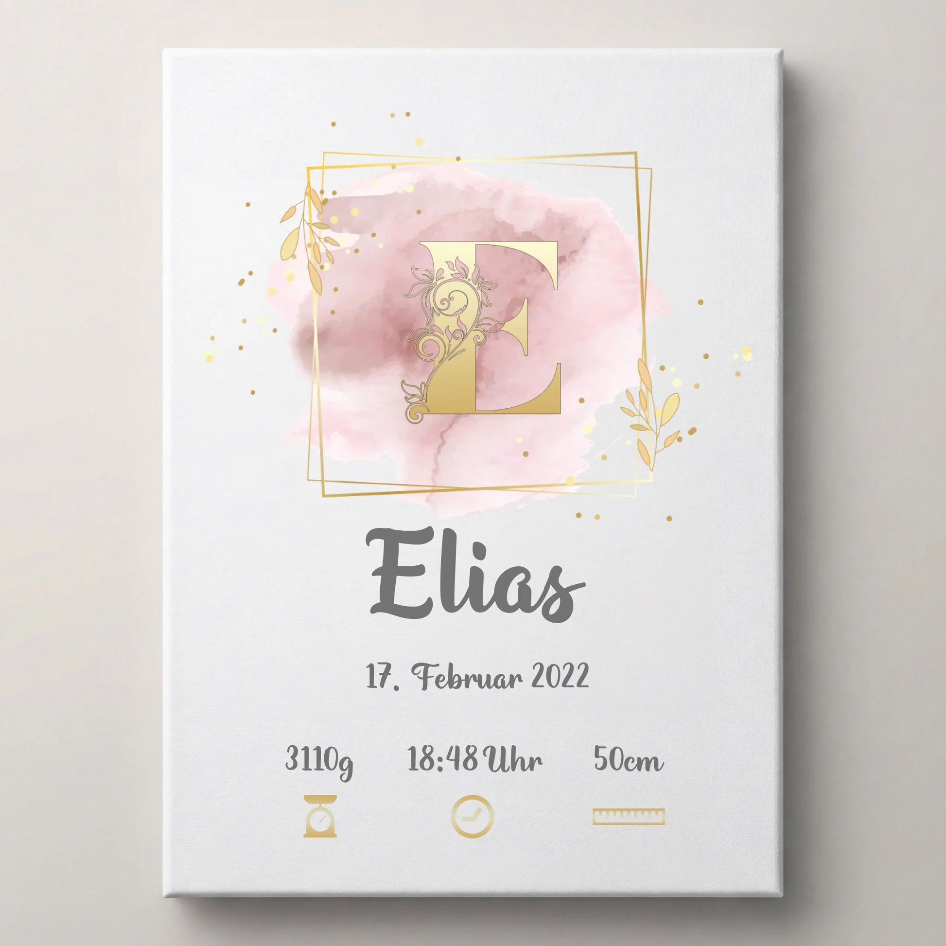 Individuelles Babybild mit Initiale Name, Datum, Gewicht Größe, lovely Art, Leinwand mit rosa Aquarell und Goldakzenten