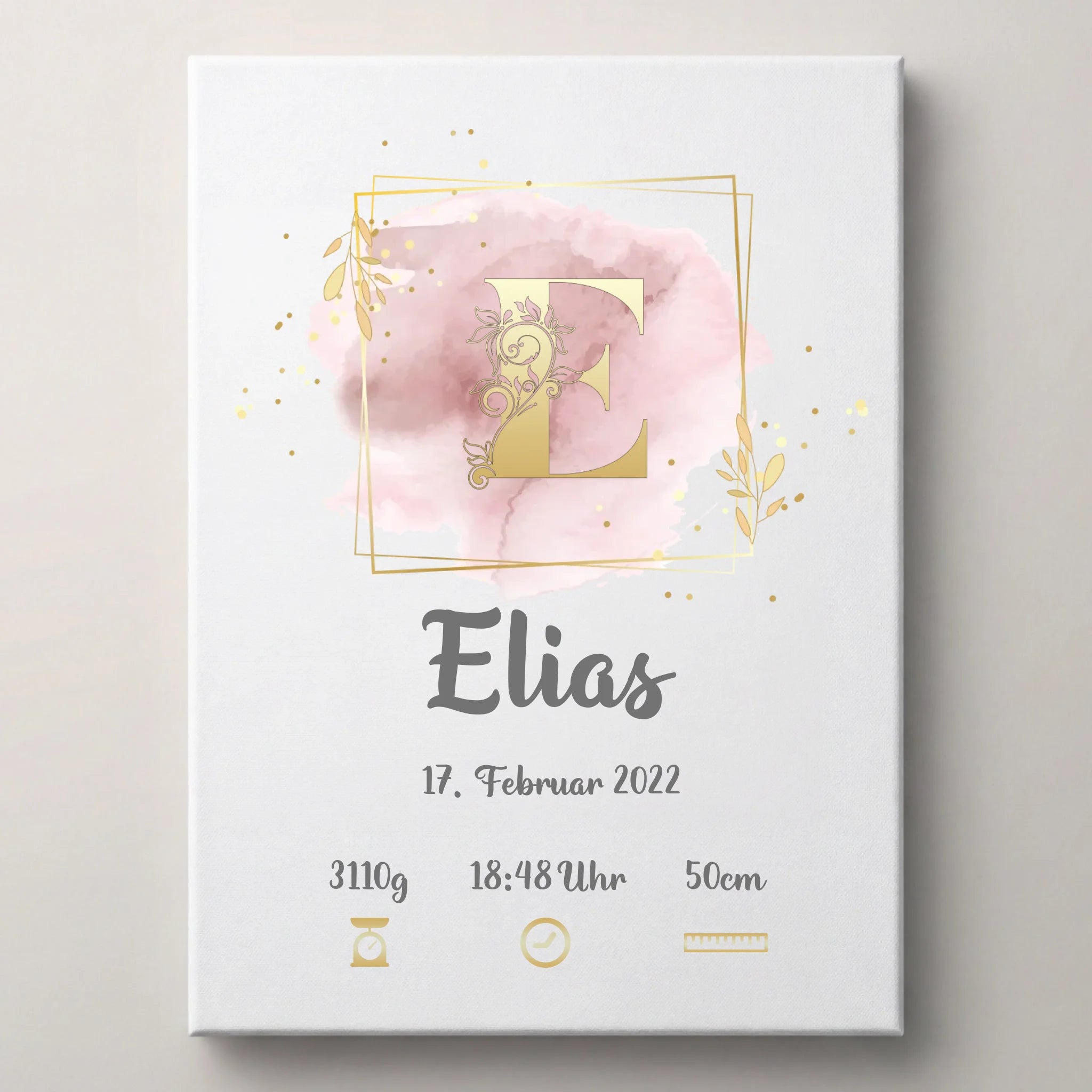 Individuelles Babybild mit Initiale Name, Datum, Gewicht Größe, lovely Art, Leinwand mit rosa Aquarell und Goldakzenten