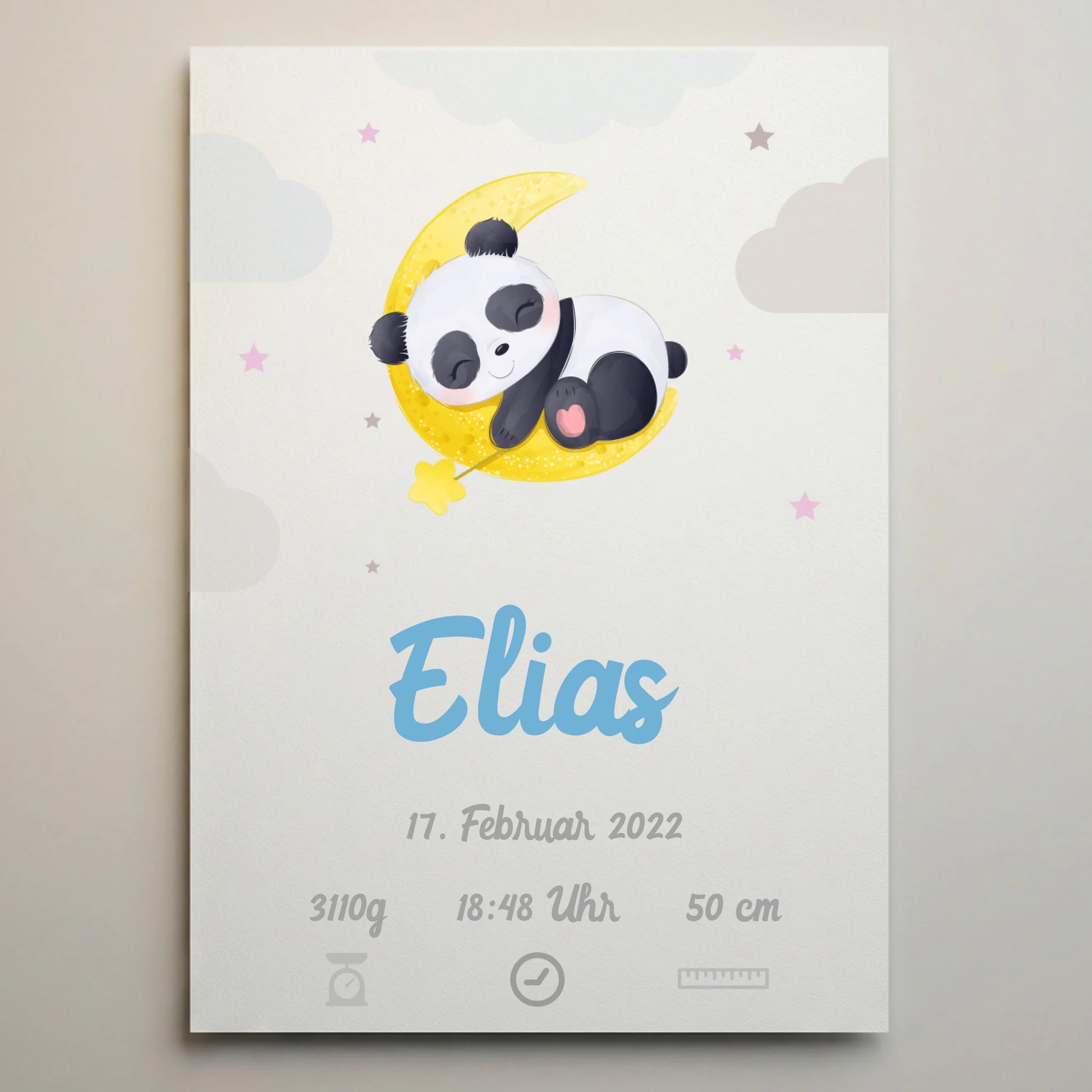 Personalisiertes Geburtsbild mit Tiermotiv von lovely Art als Leinwand mit gelber Mondsichel und Sternen