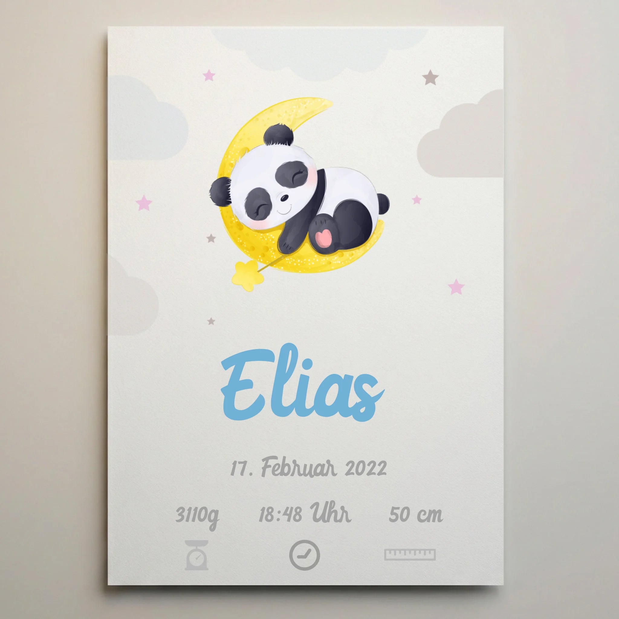 Personalisiertes Geburtsbild mit Tiermotiv von lovely Art als Leinwand mit gelber Mondsichel und Sternen