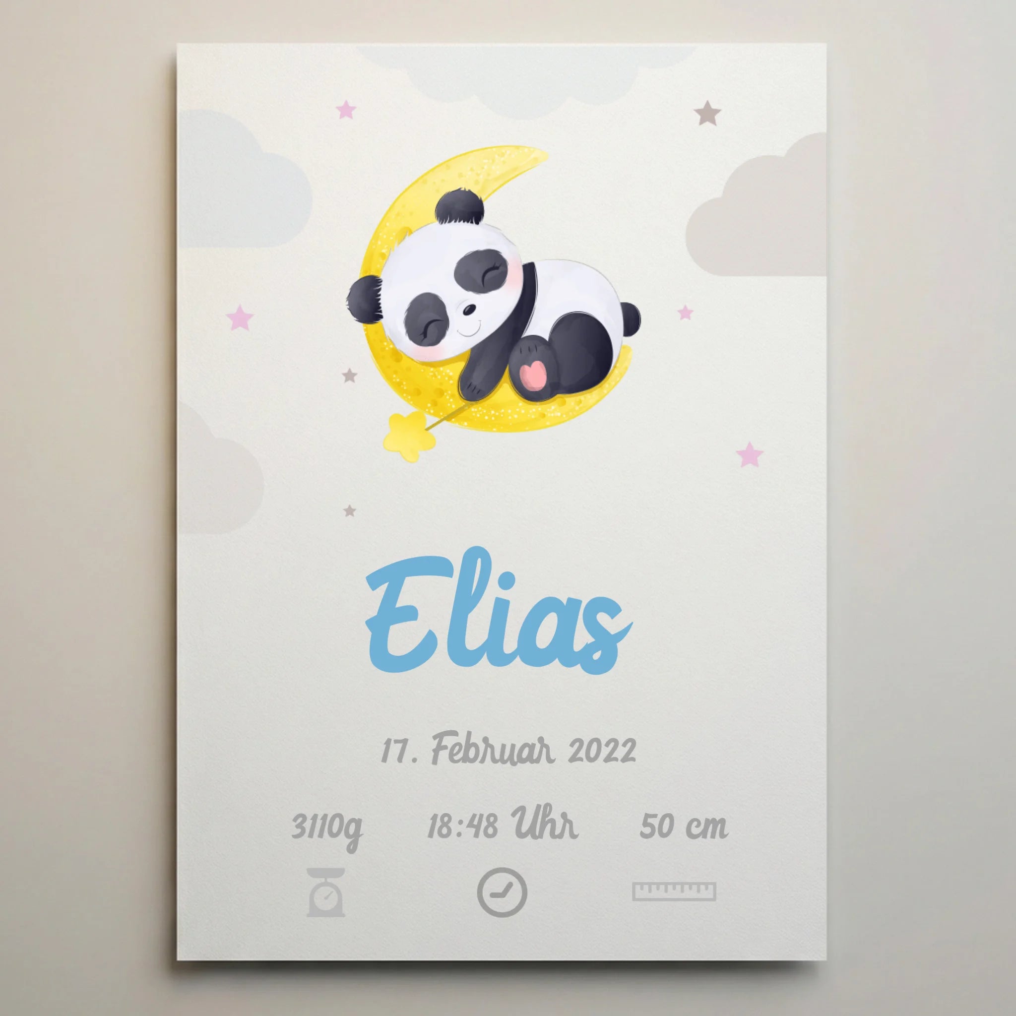 Personalisierte Poster mit Geburtsbild, gelber Mondsichel und Wolken, für das Babyzimmer, 50 cm