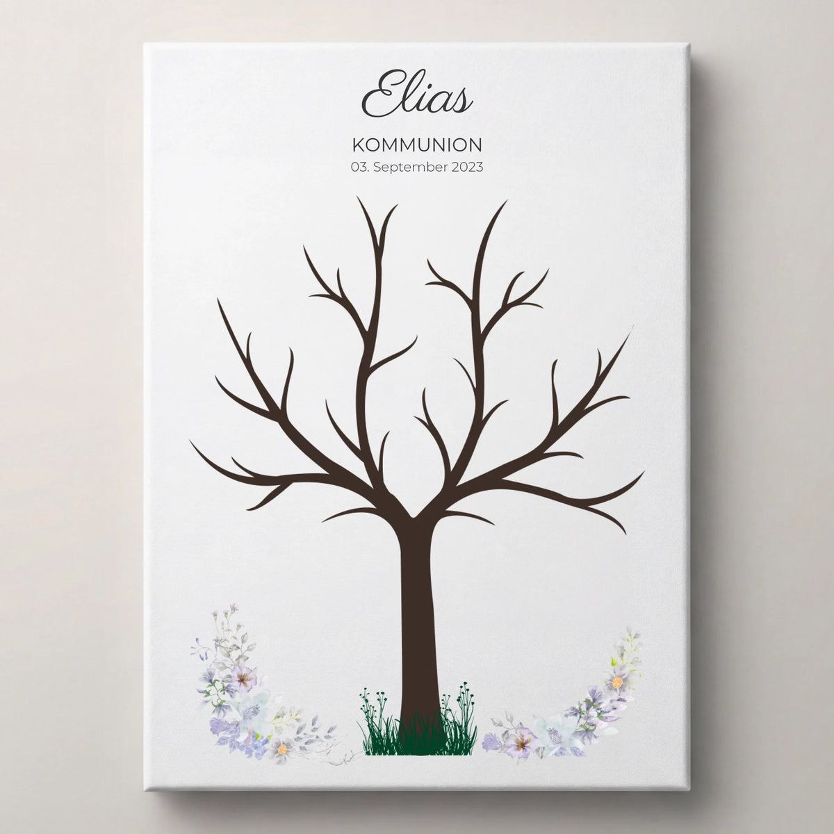 Gästebuch Hochzeit mit dem Namen Elias, Kommunion und Datum 03. September 2023, mit Baum und Blumenmotiv