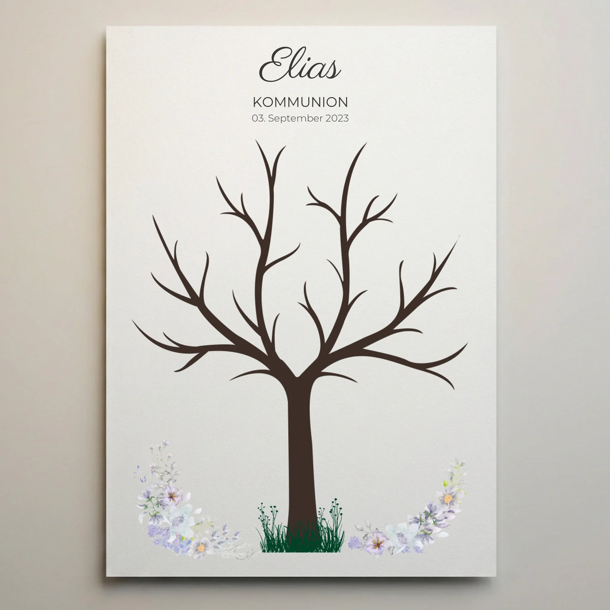Gästebuch Hochzeit mit dem Namen Elias, dem Datum 03. September 2023 und einem Baum mit Blumen