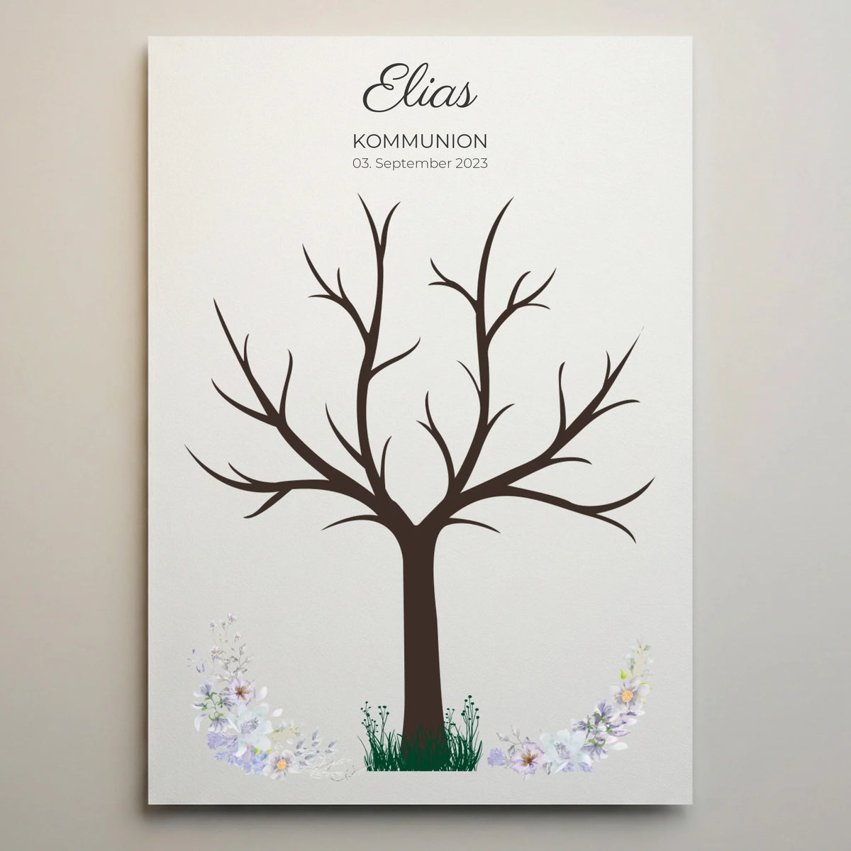 Gästebuch Hochzeit mit dem Schriftzug EliaS, Kommunion und Datum 03. September 2023, Baum und Blumen