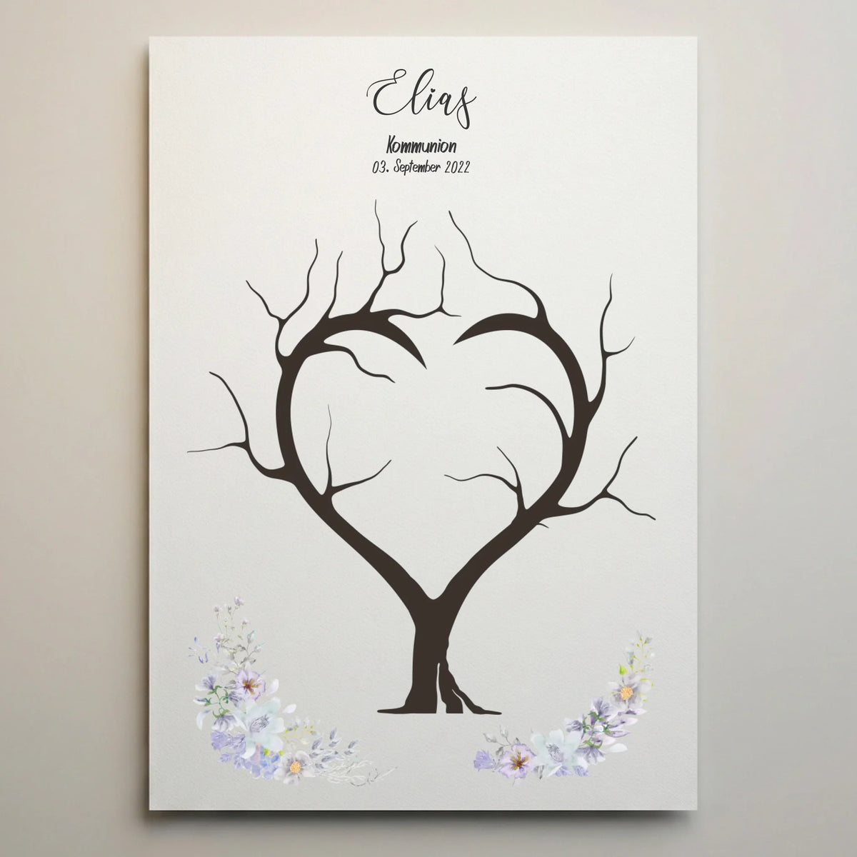 Personalisierte Erinnerungsbilder als weißes Poster mit Namen Elias, Datum und floralem Fingerabdruckbaum