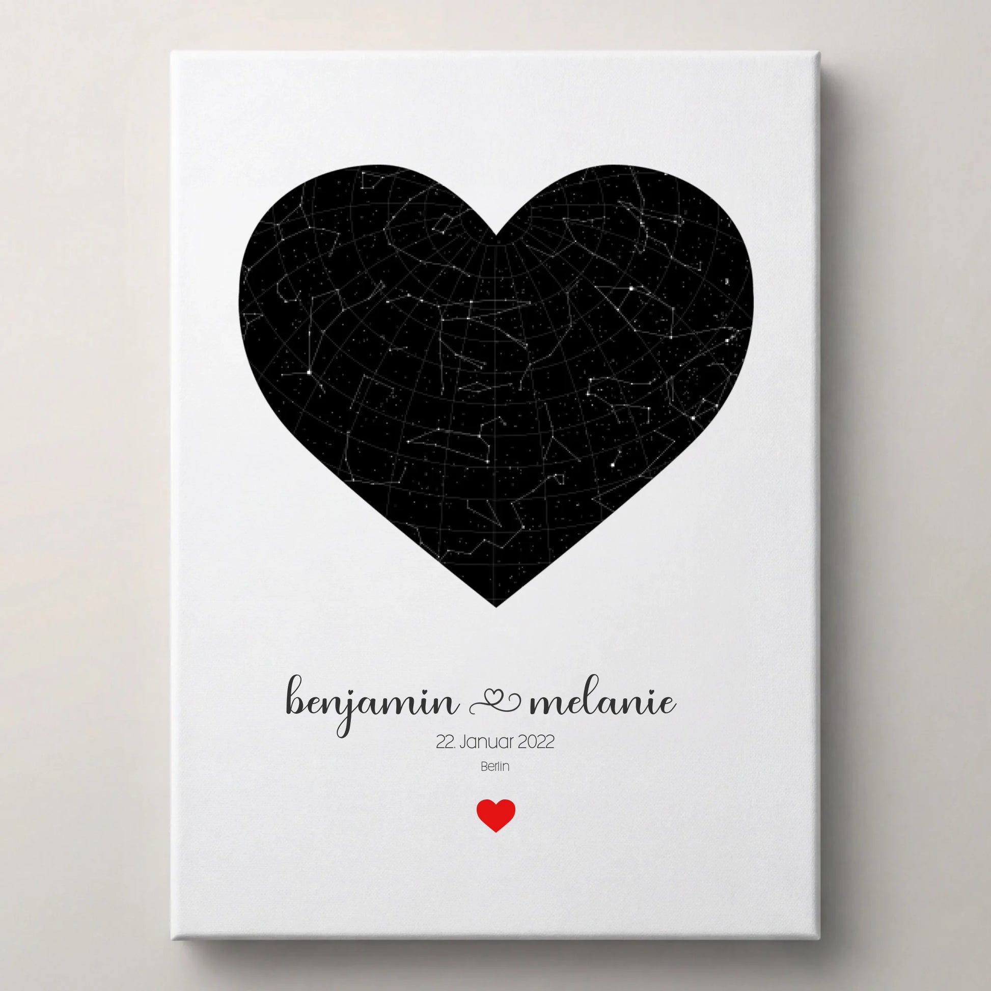 Personalisierter Sternhimmel zur Hochzeit von lovely Art mit Sternenkarte in Herzform, Poster Leinwand, schwarz
