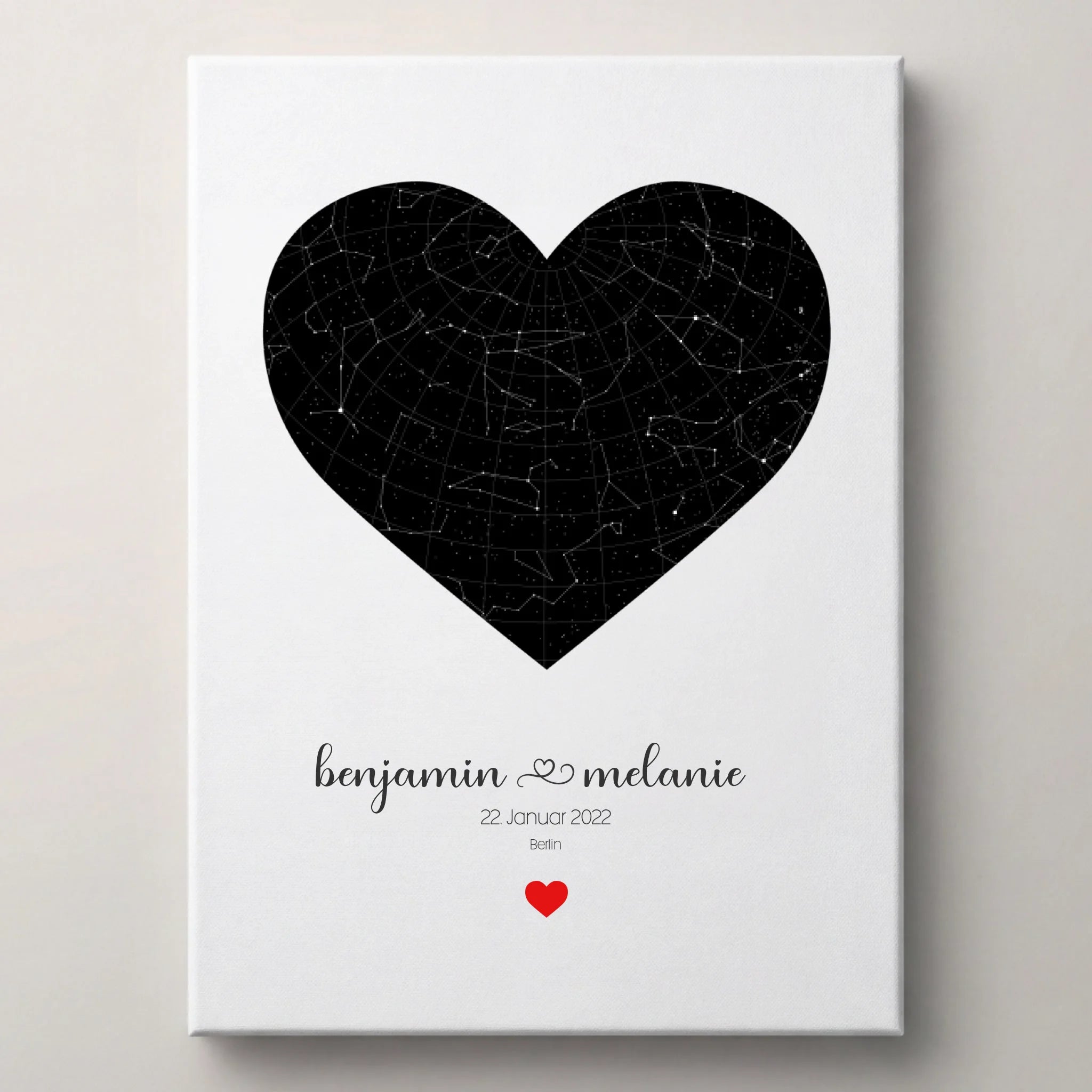 Personalisierter Sternhimmel zur Hochzeit von lovely Art mit Sternenkarte in Herzform, Poster Leinwand, schwarz