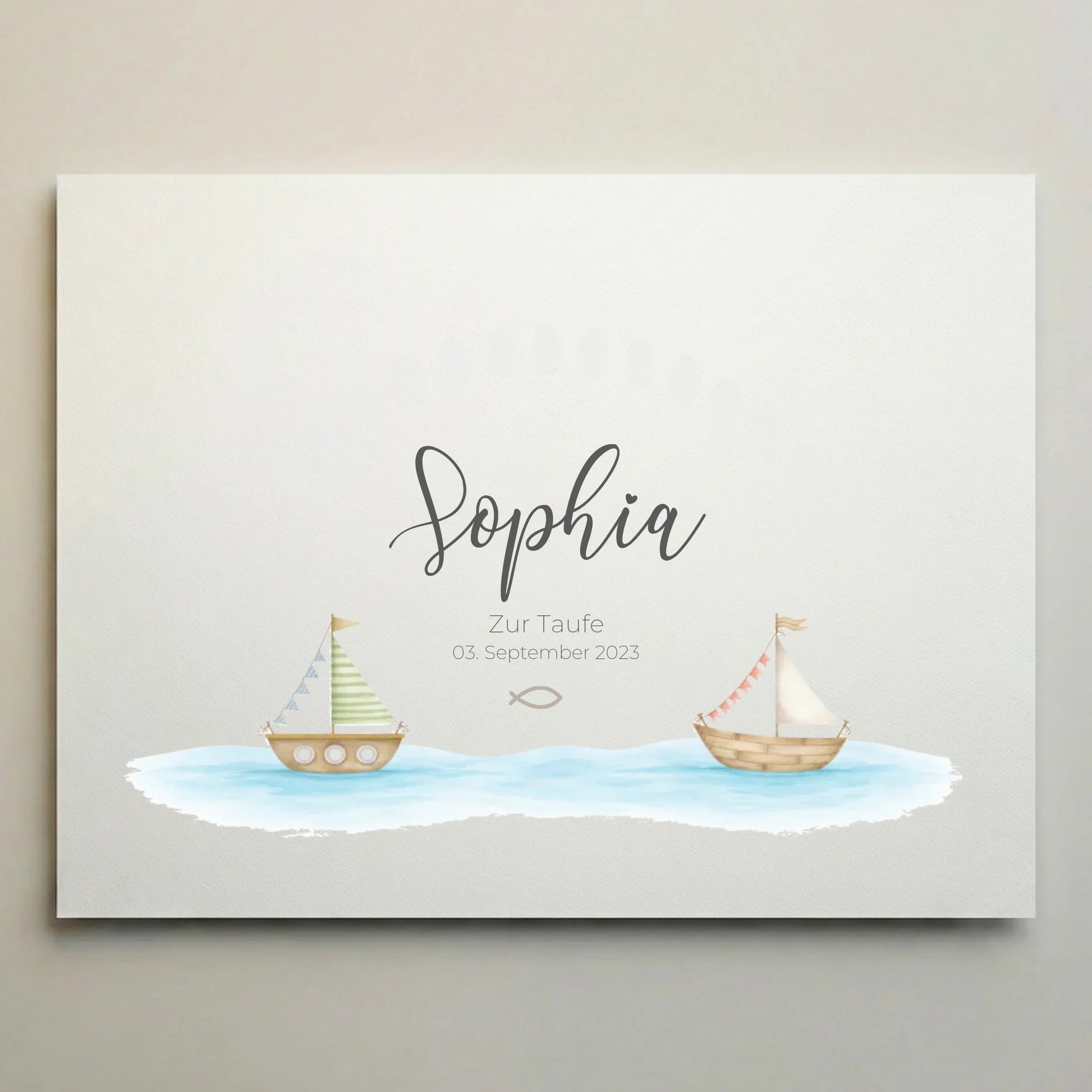 Fingerabdruck Gästebuch Taufe Schiff individuell gestaltet von lovely Art, Leinwand mit Schiffsmotiv und Datum