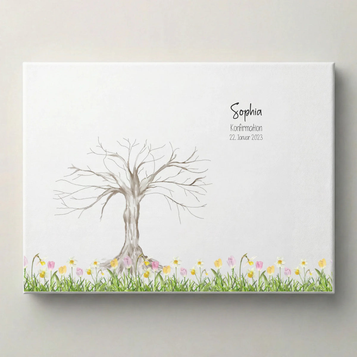 Personalisierte Erinnerungsbilder auf weißer Leinwand mit Baum, Blumenwiese und dem Namen Sophia mit Datum