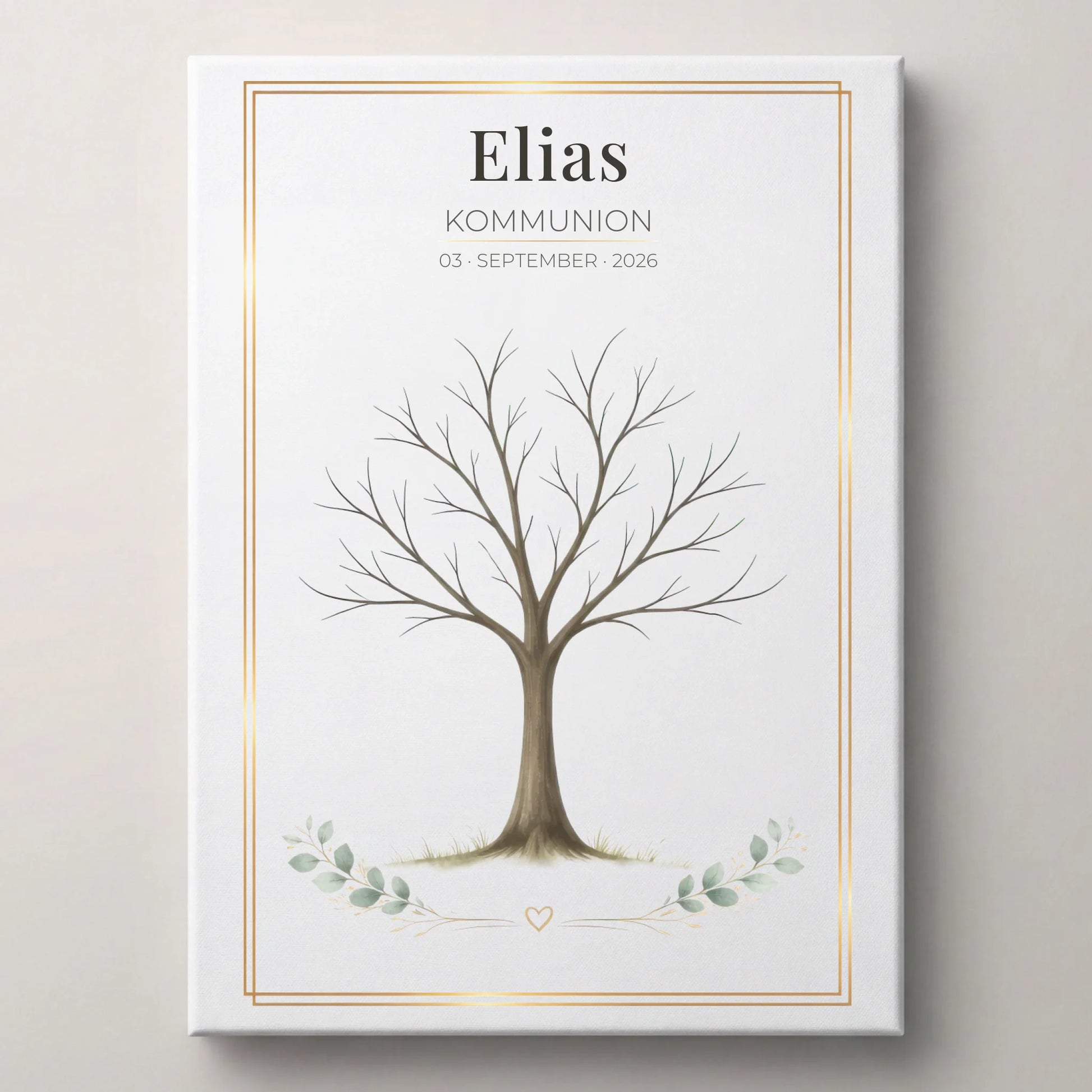 Gästebuch Hochzeit mit dem Namen Elias, dem Datum 03. September 2026 und einem Baum mit Blättern