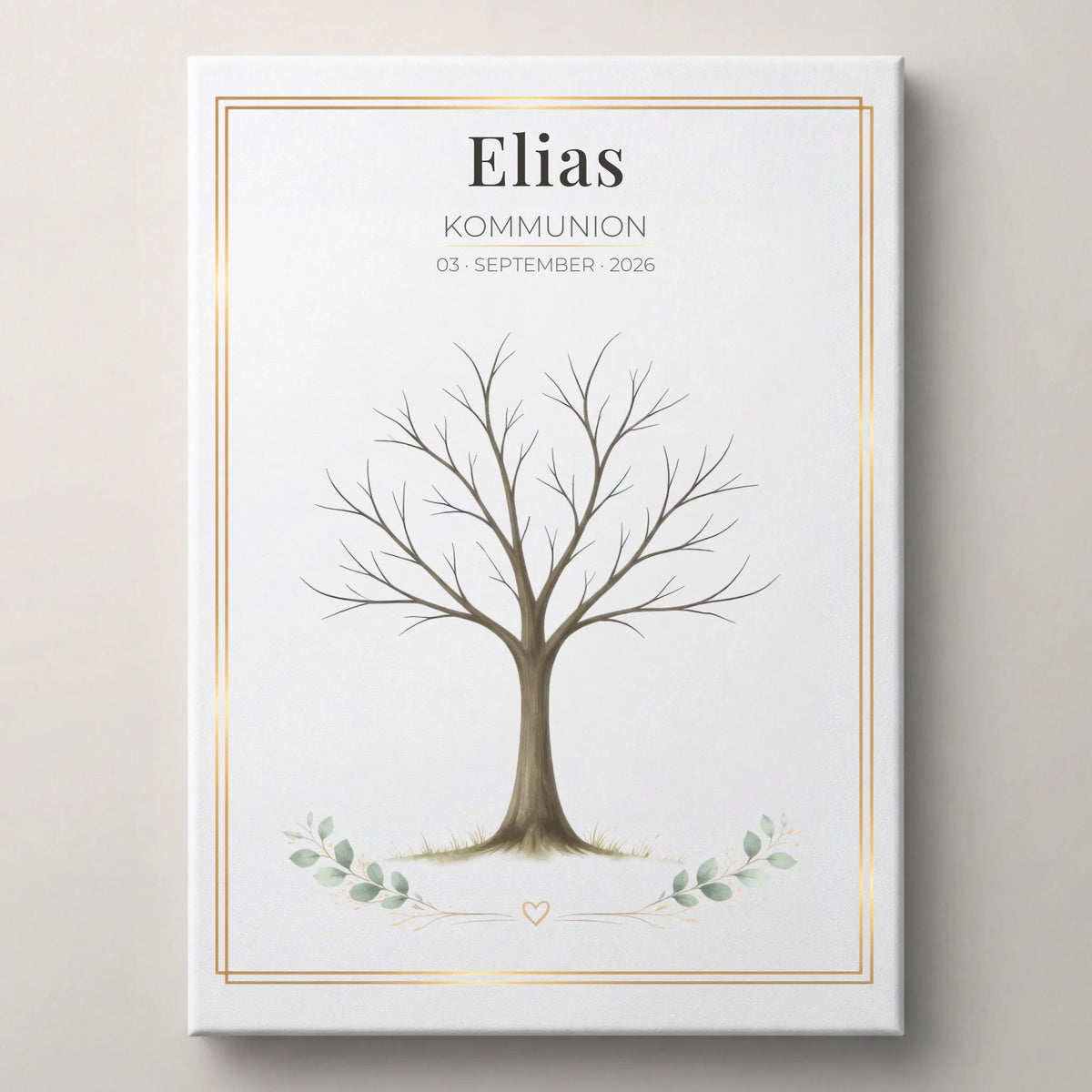 Gästebuch Hochzeit mit dem Namen Elias, Kommunion und Datum 03. September 2026, Baumillustration und Rahmen