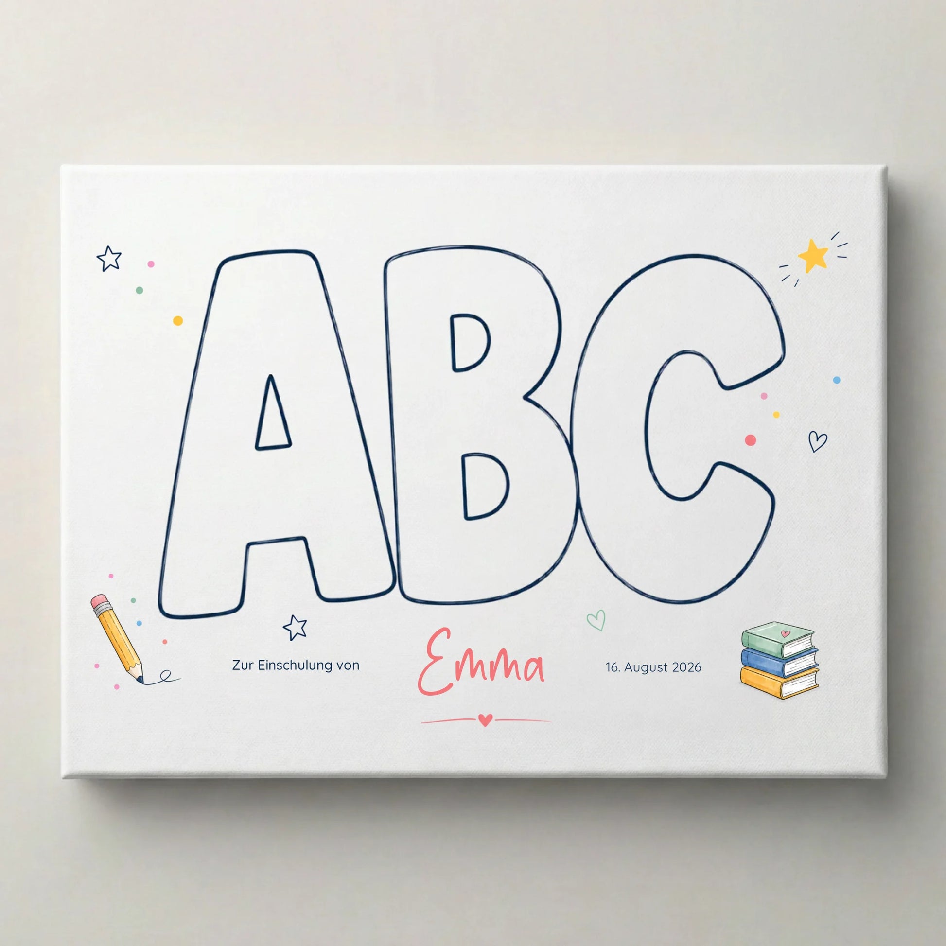 Personalisierte Poster zur Einschulung mit Name und Datum, Fingerabdruck Gästebuch auf weißer Leinwand