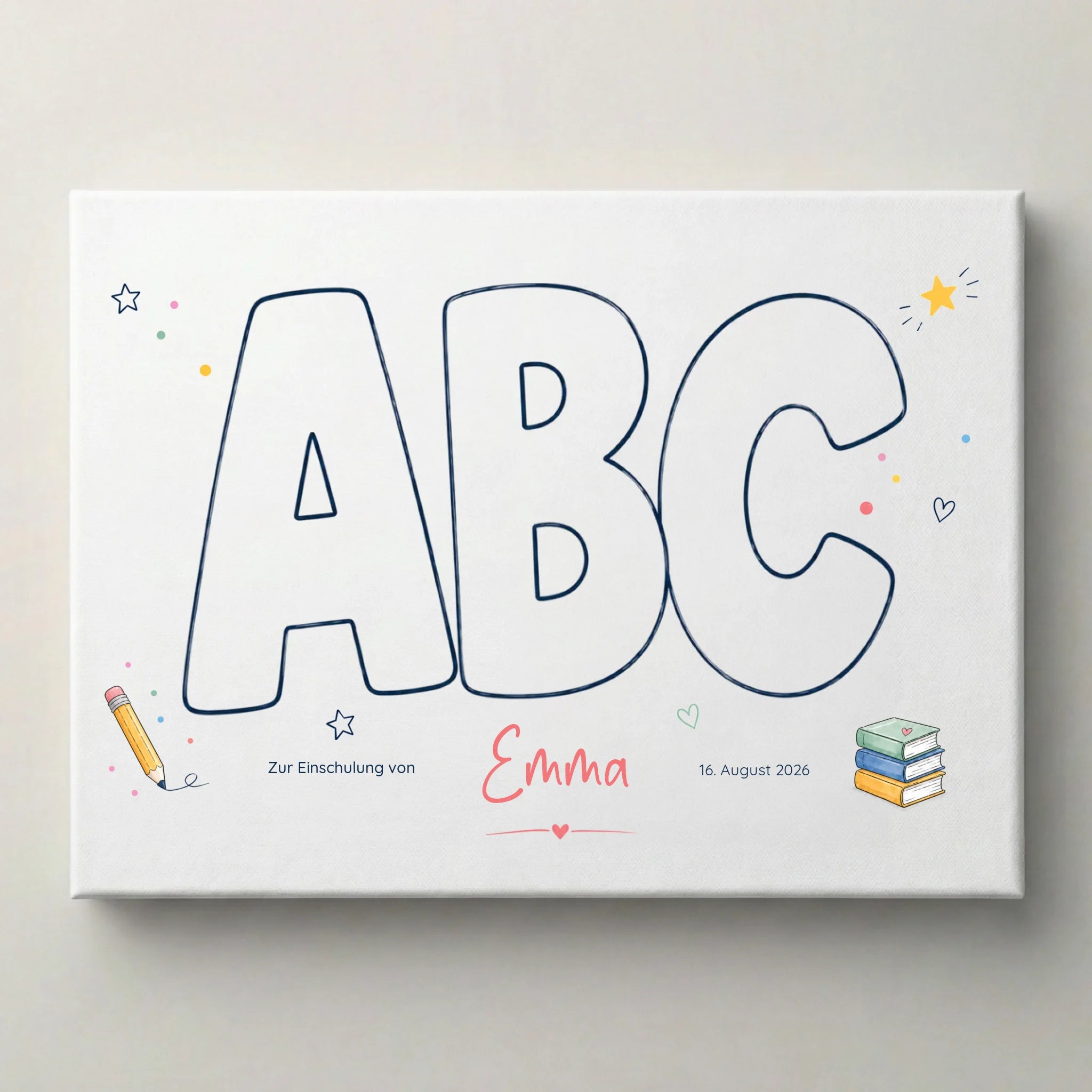 Personalisierte Poster zur Einschulung mit Name und Datum, Fingerabdruck Gästebuch auf weißer Leinwand