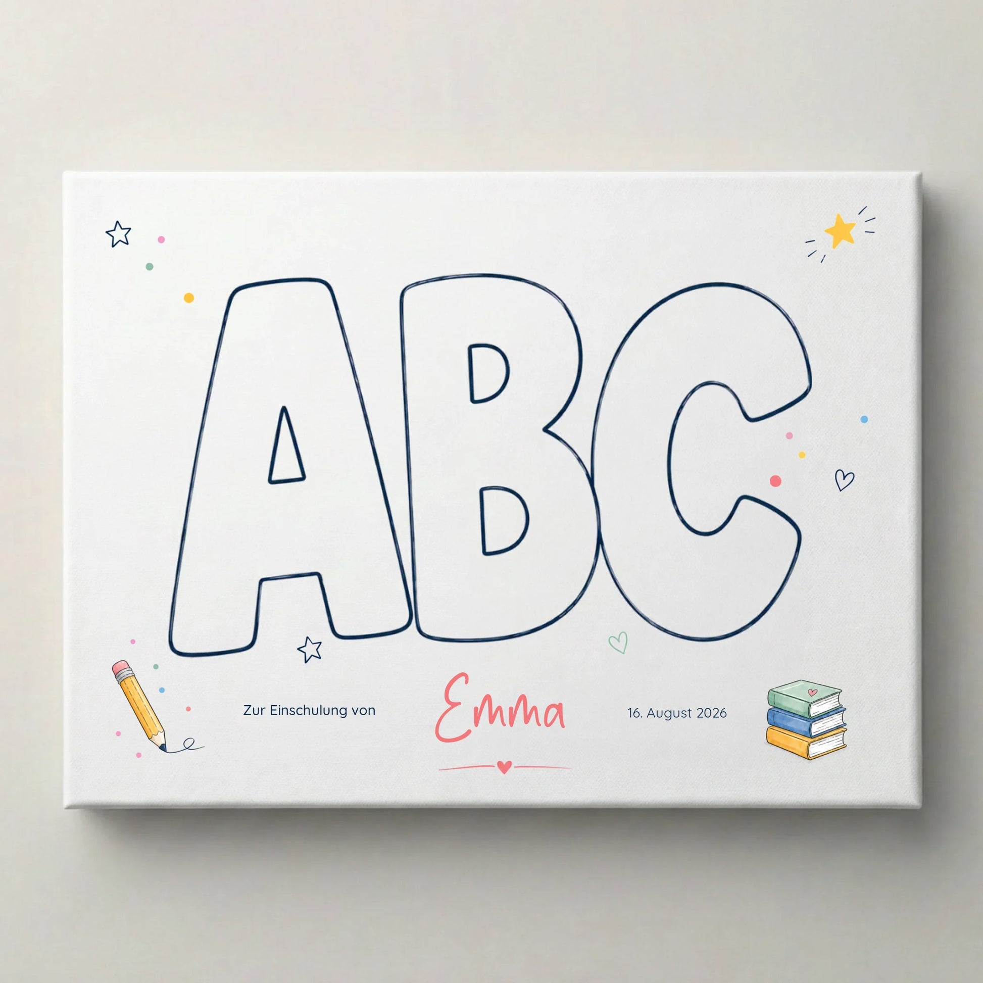 Personalisierte Poster zur Einschulung mit Name und Datum, Fingerabdruck Gästebuch auf weißer Leinwand