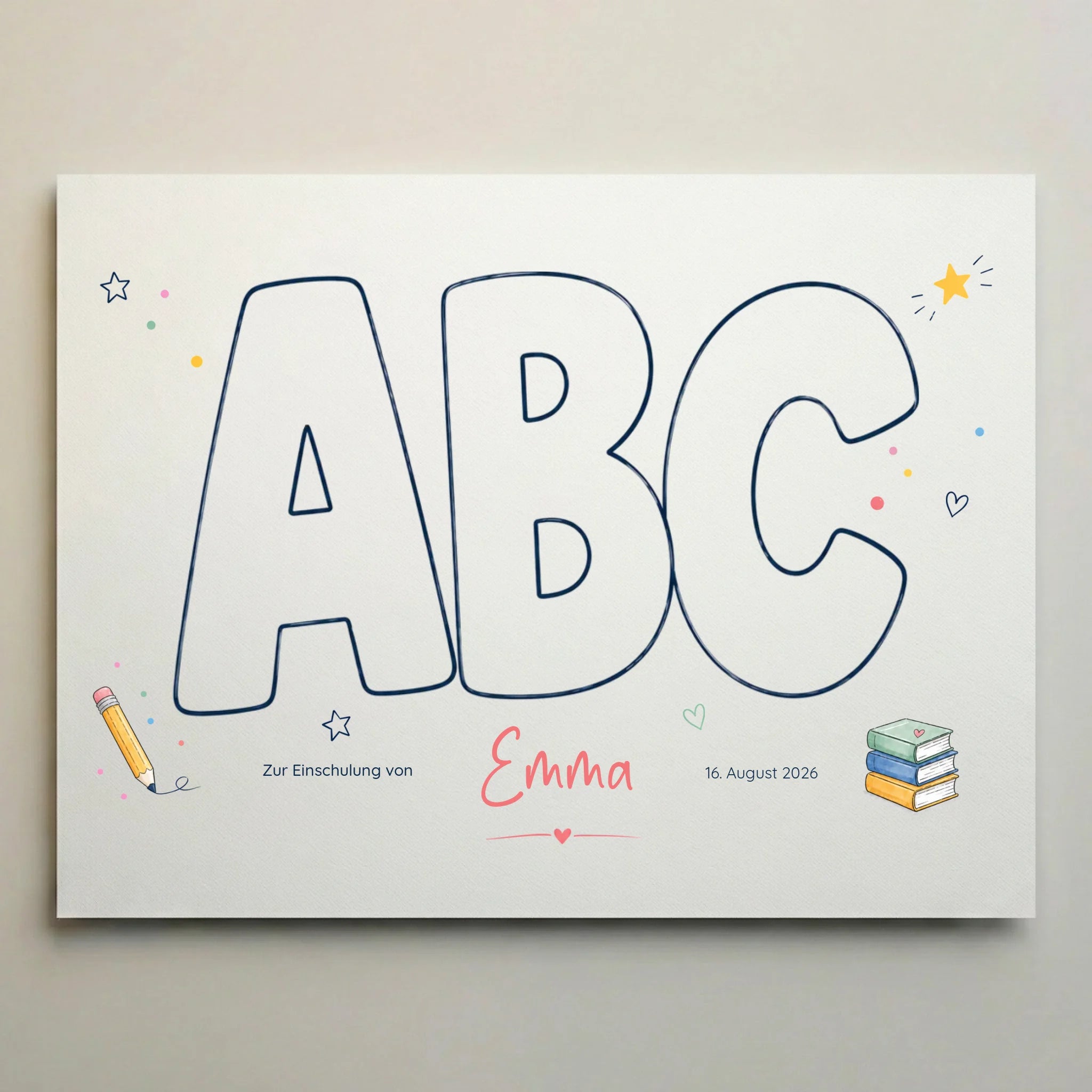 Personalisierte Poster zur Einschulung mit Name und Datum, Fingerabdruck Gästebuch auf weißer Leinwand