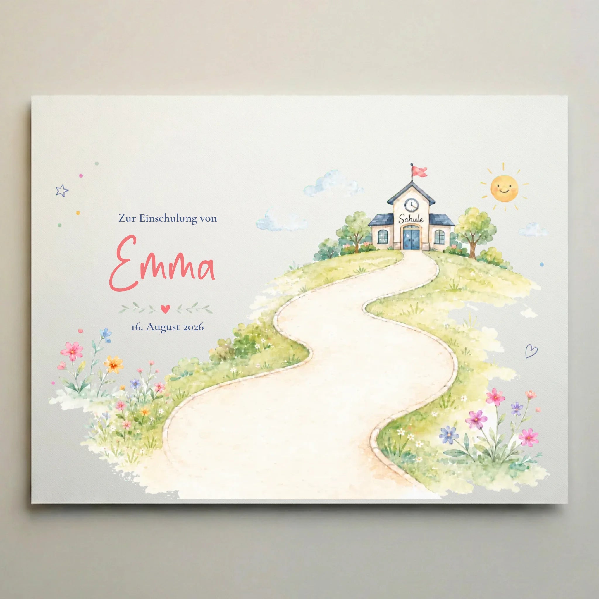 Gästebuch Einschulung in Pastellfarben mit Fingerabdruck-Design, Schulweg-Motiv und Name Enna
