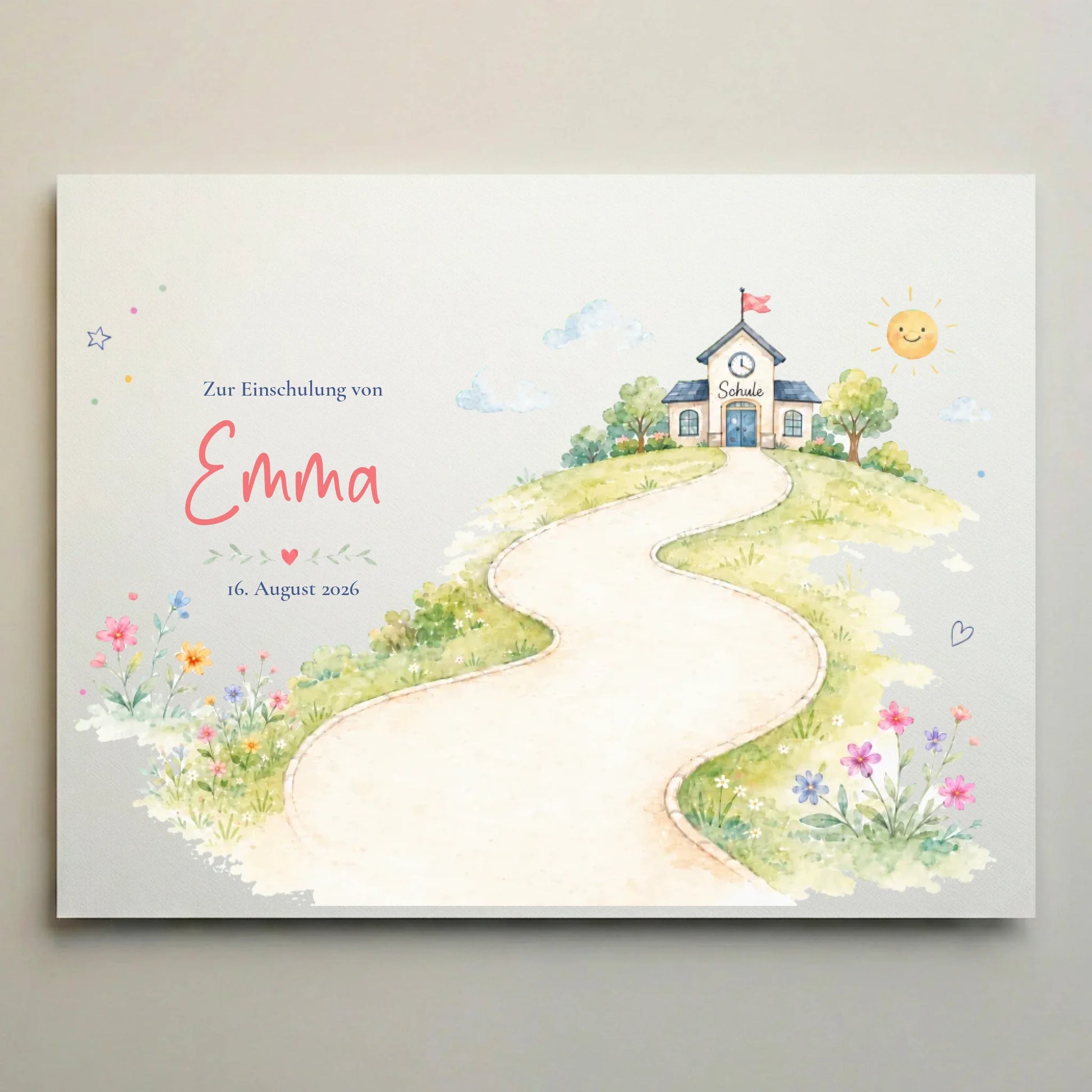 Gästebuch Einschulung als Poster ohne Rahmen mit personalisiertem Einschulungs-Gästebuch-Poster, Aquarell-Schulweg-Motiv