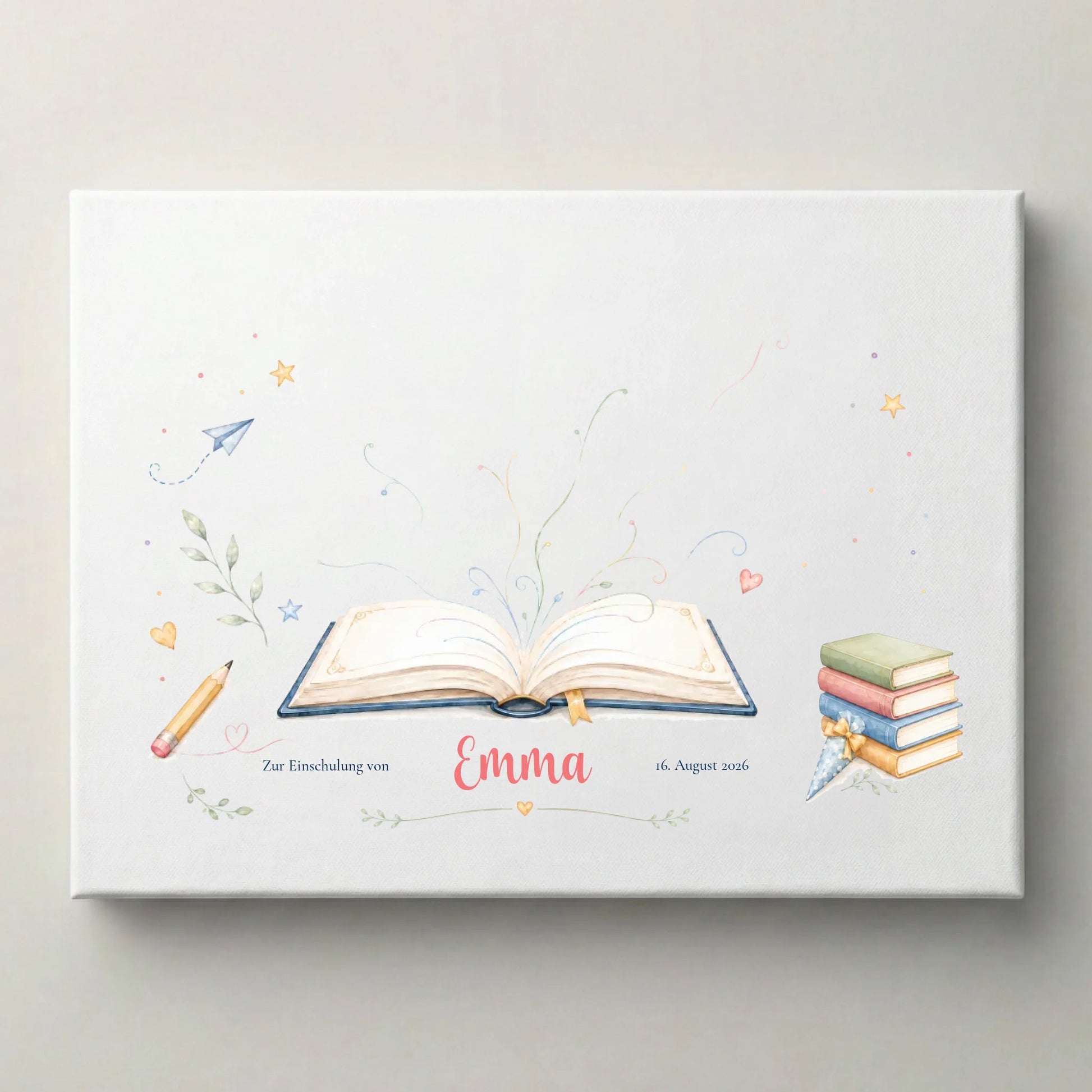 Personalisierte Gästebücher für Einschulung mit Fingerabdruck Motiv auf weißer Leinwand, mit Buch und Sternen
