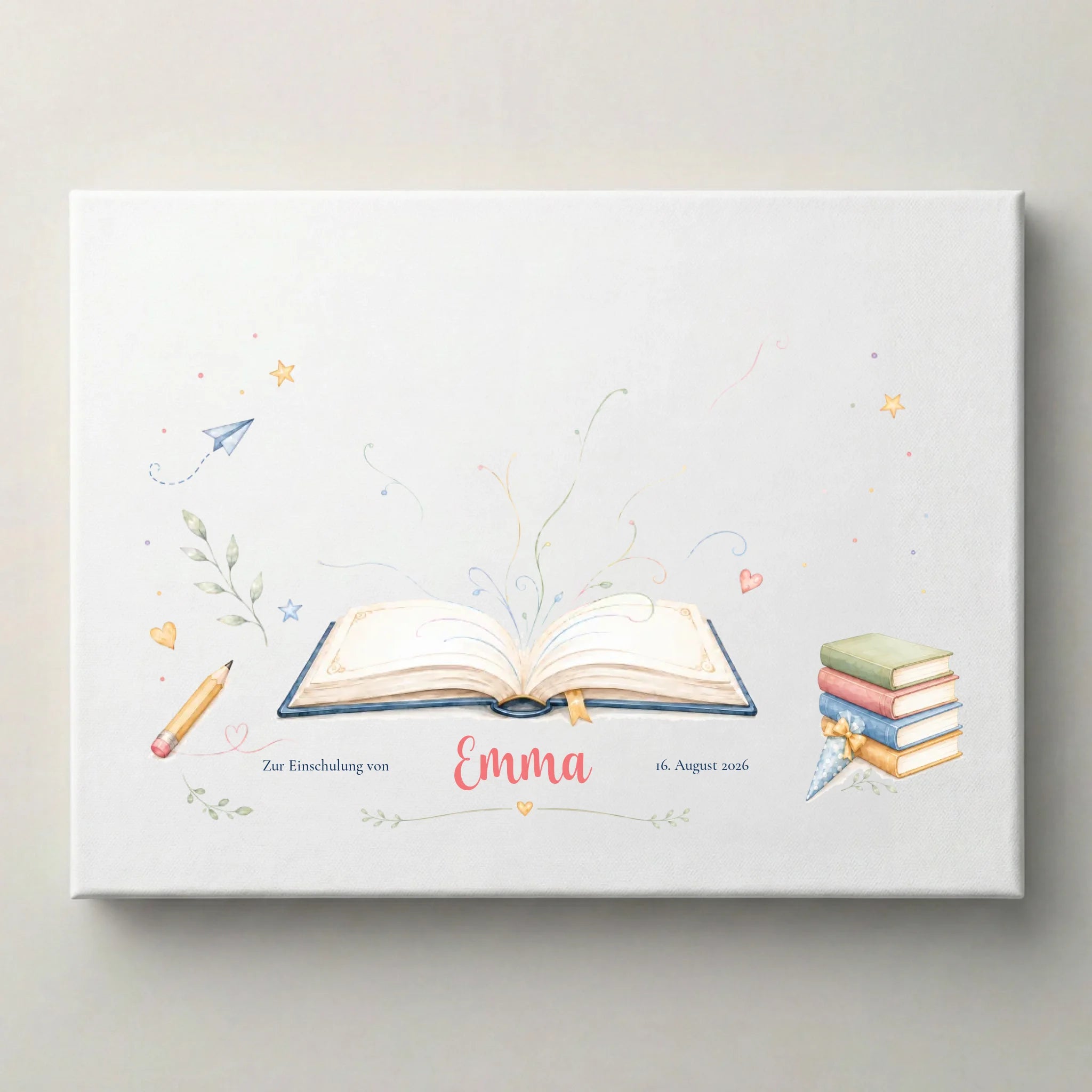 Personalisierte Gästebücher für Einschulung mit Fingerabdruck Motiv auf weißer Leinwand, mit Buch und Sternen