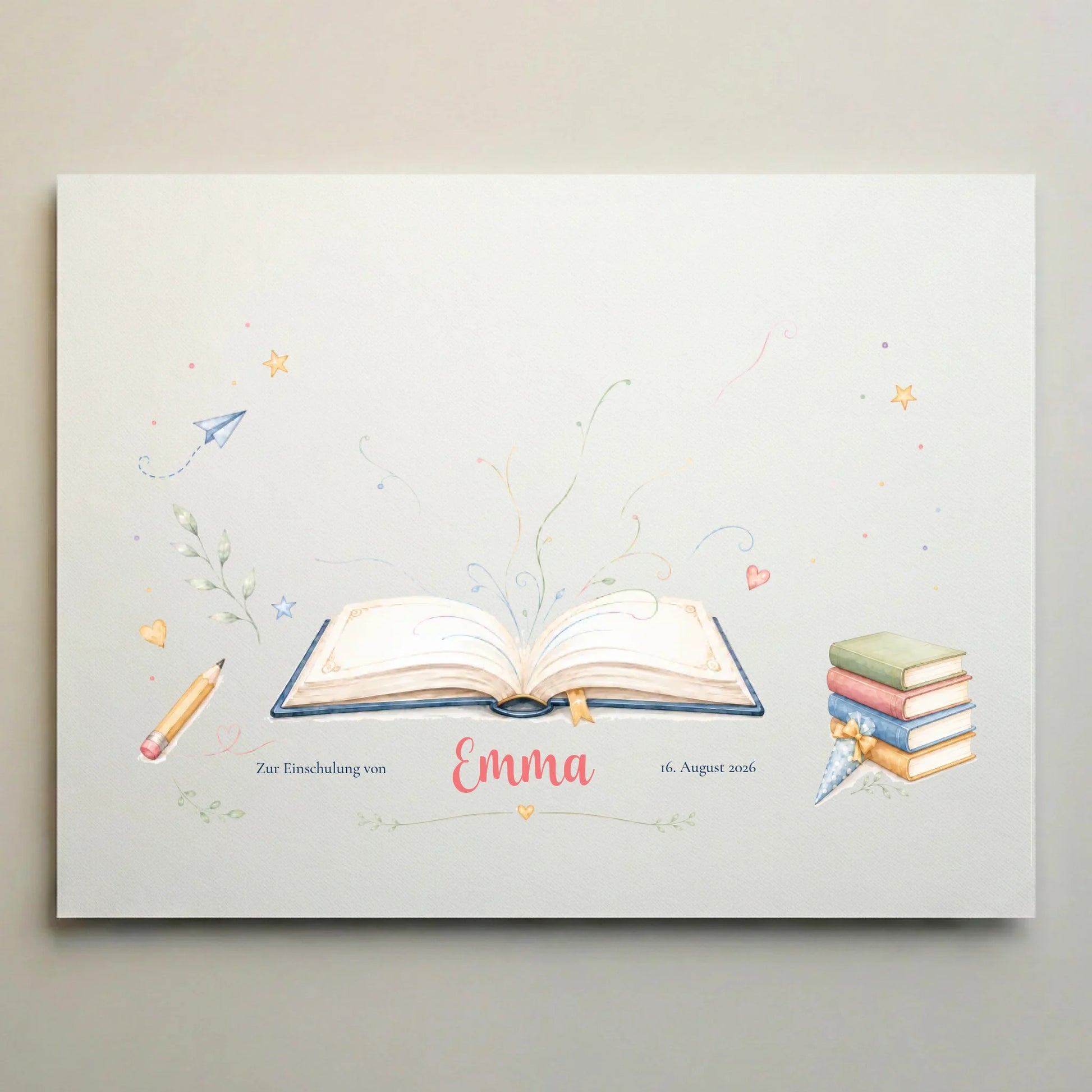 Leinwand mit Einschulungs-Gästebuch, Fingerabdruck Gästebuch, bunte Sterne und Buchmotiv auf hellem Hintergrund