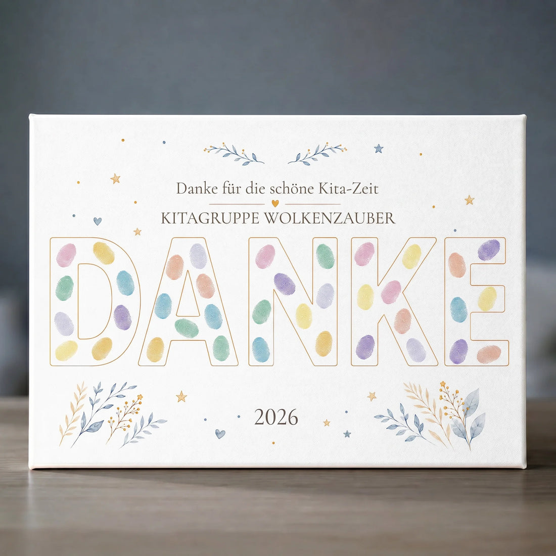Gästebuch Hochzeit mit Fingerabdruck-Optik, Text Danke für die schöne Kita-Zeit und großen Buchstaben 2026
