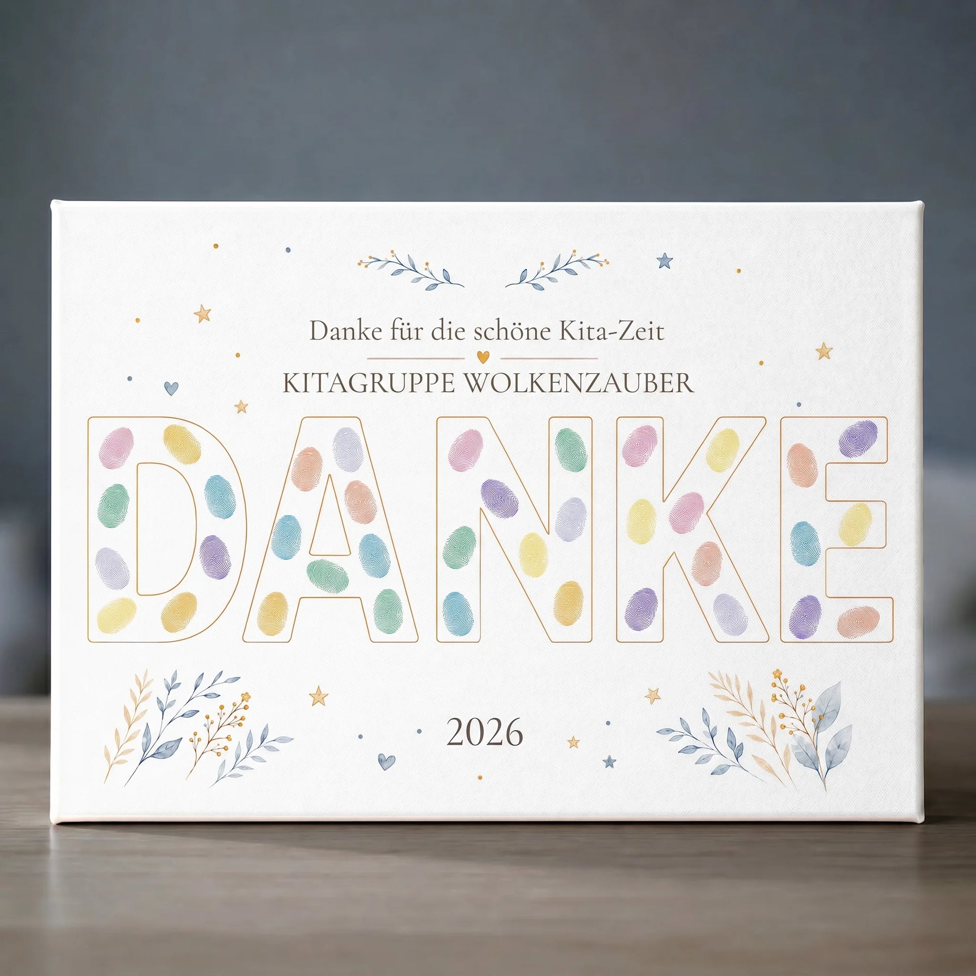 Gästebuch Hochzeit mit Fingerabdruck-Optik, Text Danke für die schöne Kita-Zeit und großen Buchstaben 2026