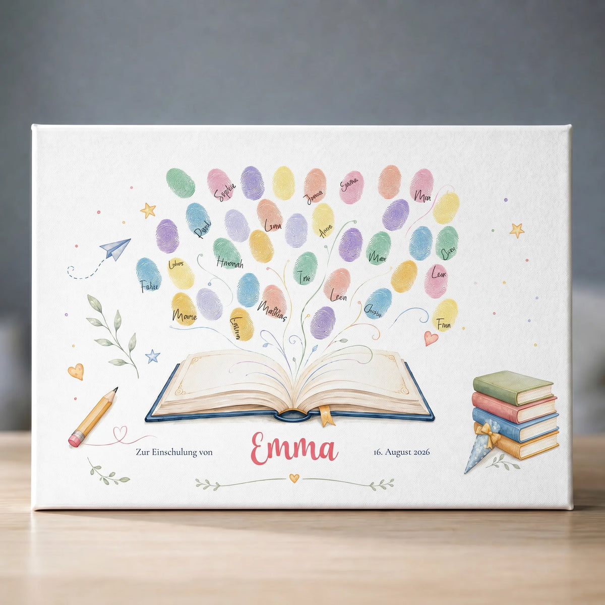 Gästebuch Einschulung mit bunten Fingerabdruck Ovalen, Buchillustration, Name Emma und Datum 16. August 2026