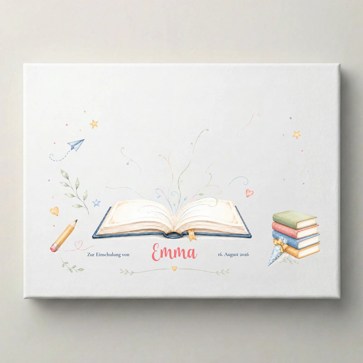 Gästebuch Hochzeit mit offenem Buch, Bleistiften, Sternen und Name Emma, Datum 16. August 2026