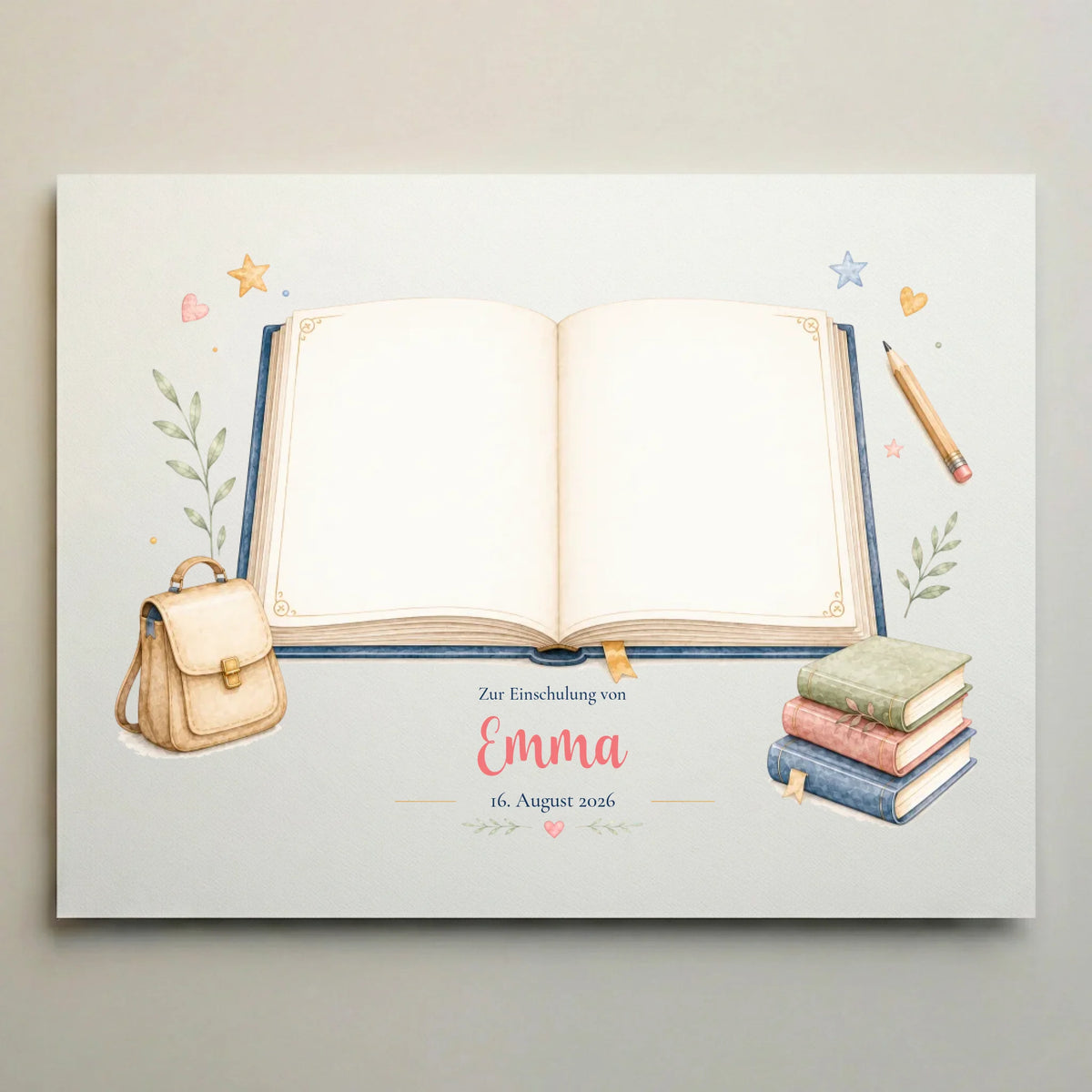 Gästebuch Hochzeit mit offenem Buch, Stift und Deko aus Sternen, Herzen und Pflanzen, Aufschrift Zur Einschulung von