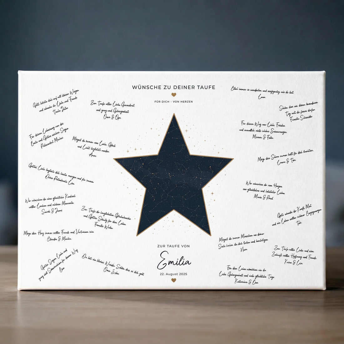 Gästebuch Hochzeit mit handschriftlichen Wünschen zur Taufe, Sternmotiv und Datum 22. August 2025