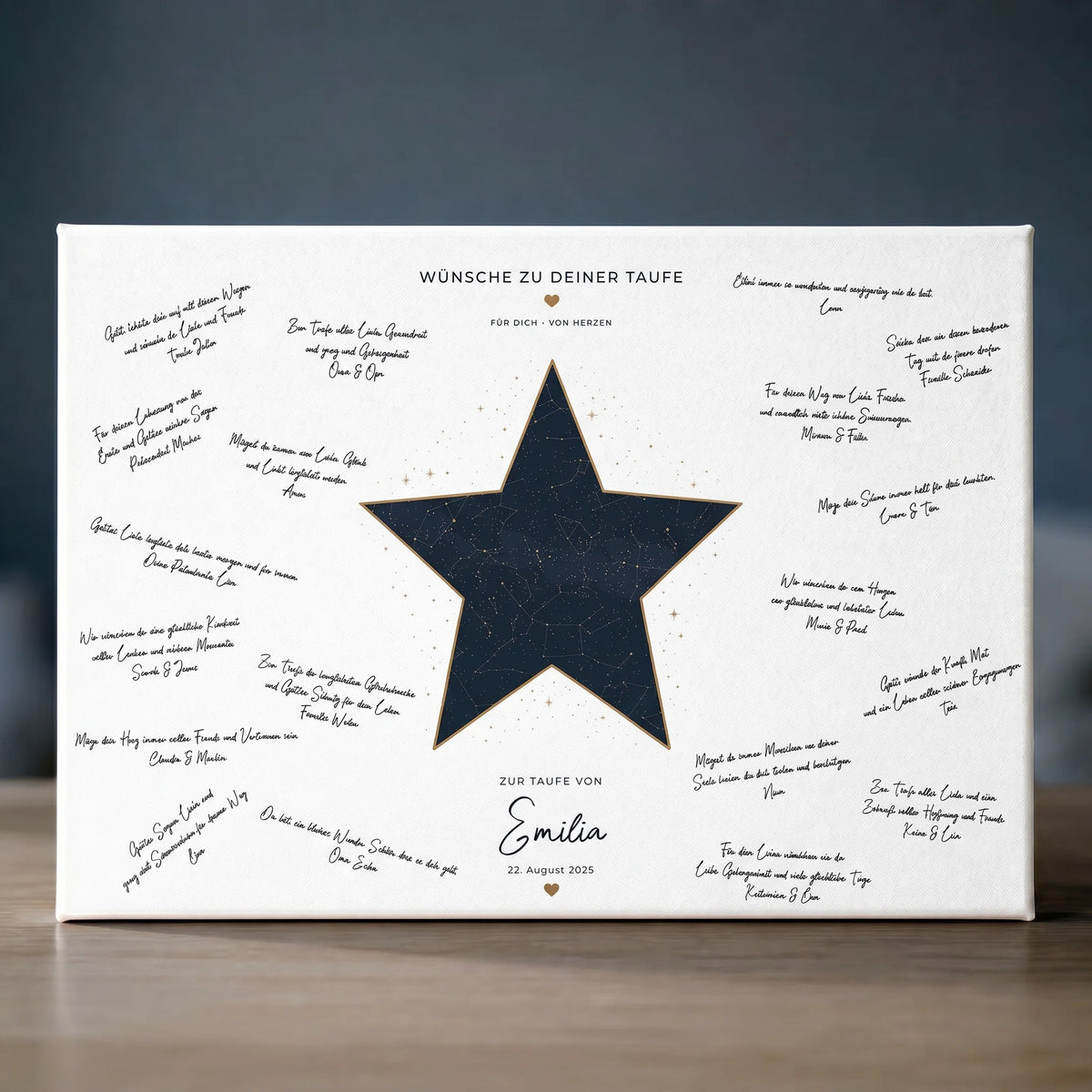 Gästebuch Hochzeit mit handschriftlichen Wünschen zur Taufe, Sternmotiv und Datum 22. August 2025
