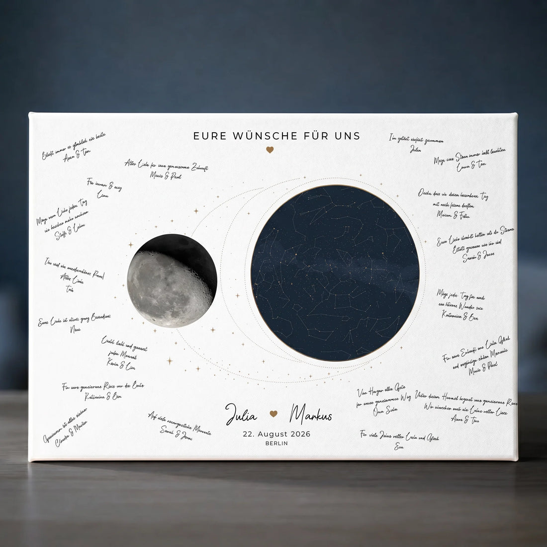 Personalisierte Gästebücher mit handschriftlichen Grüßen, Sternenhimmel und Mond auf weißer Leinwand