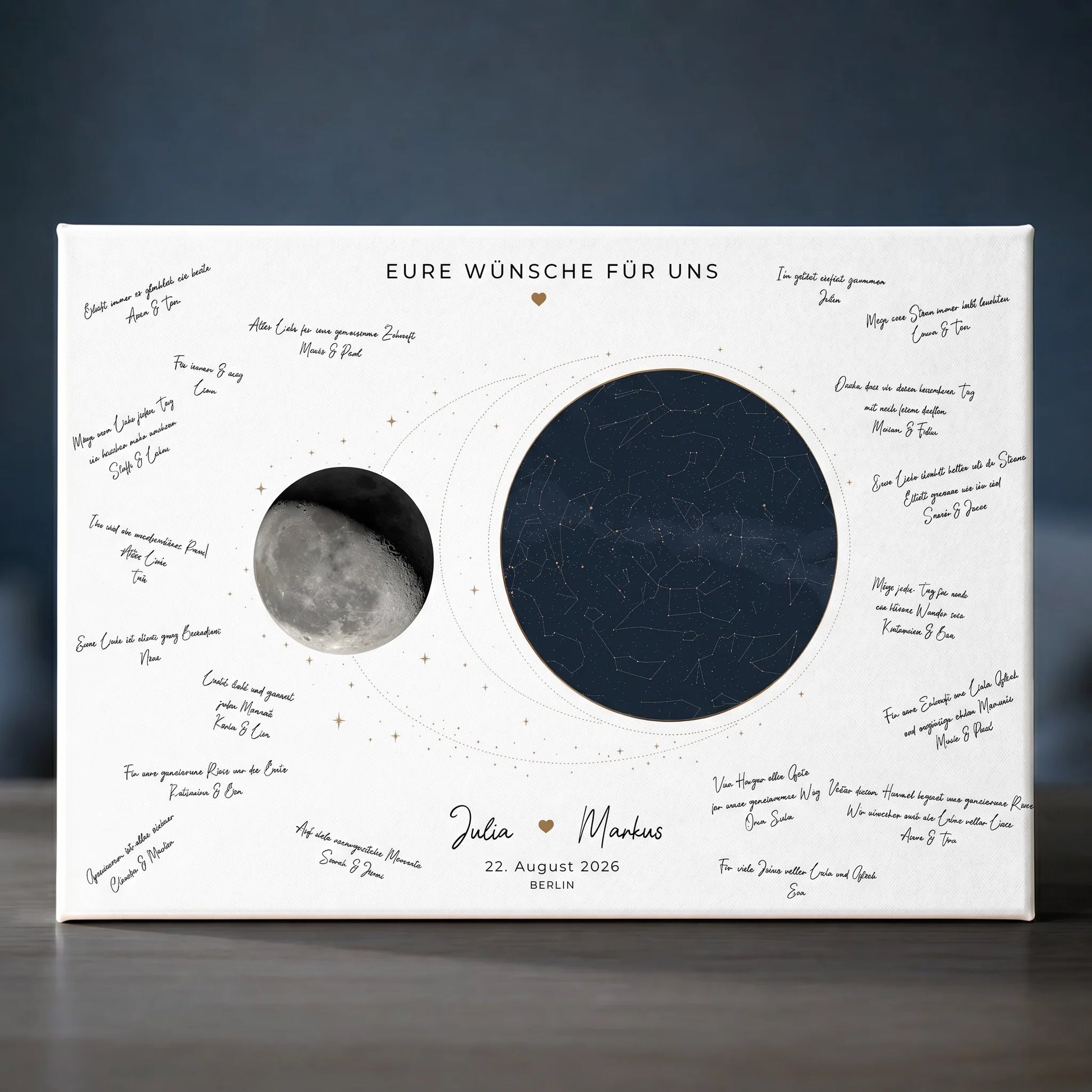 Personalisierte Gästebücher mit handschriftlichen Grüßen, Sternenhimmel und Mond auf weißer Leinwand