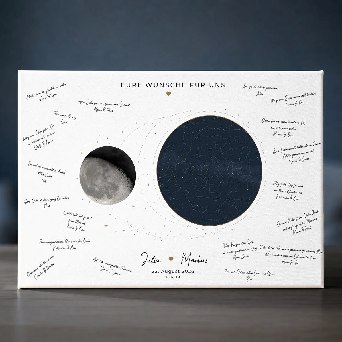 Personalisierte Gästebücher mit handschriftlichen Grüßen, Sternenhimmel und Mond auf weißer Leinwand