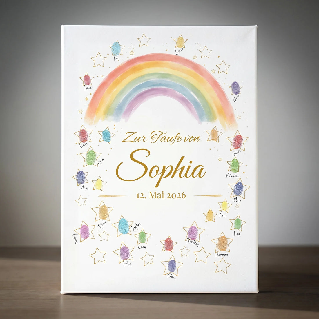 Personalisierte Poster mit Regenbogen und Sternen, Fingerabdruck Gästebuch, Name und Datum 12. Mai 2026