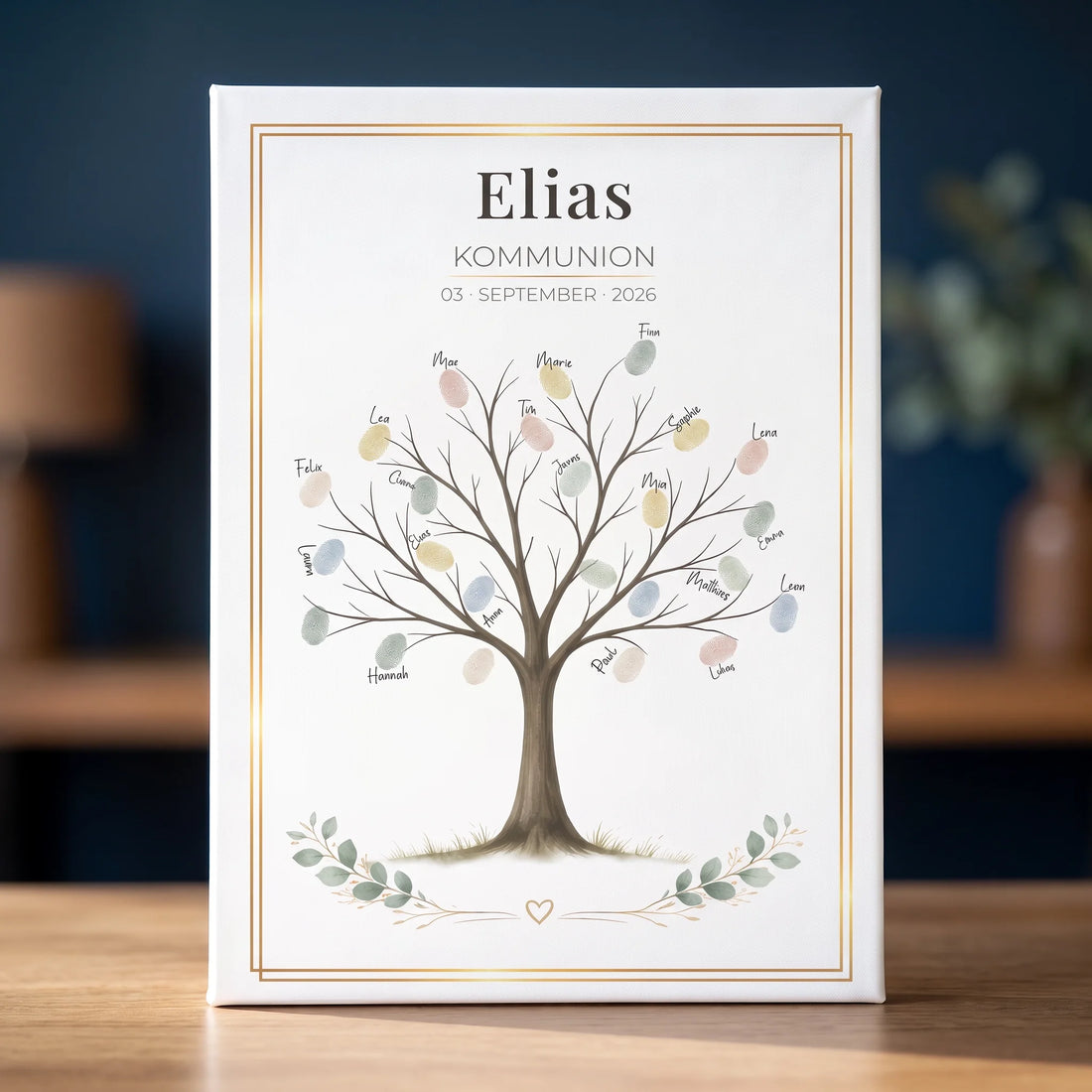 Gästebuch Hochzeit mit Fingerabdruck Baum, Namen und Datum 03. September 2026 auf weißem Umschlag
