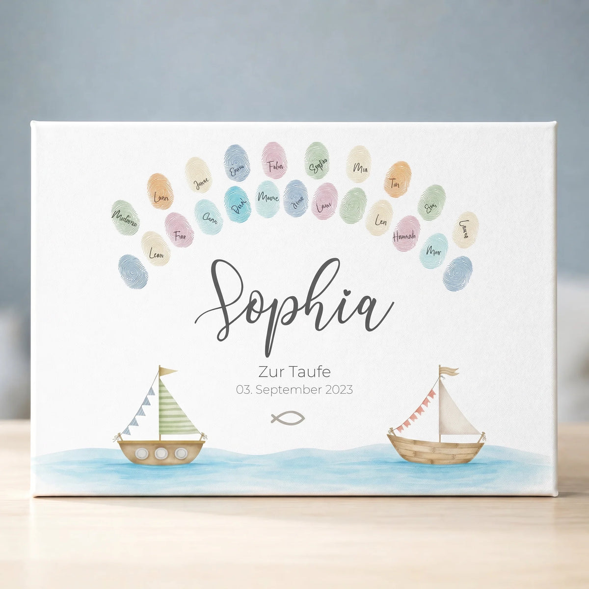Personalisierte Gästebücher mit Fingerabdruck Herzen und Namen, mit Schriftzug Sophie und Datum 03. September 2023