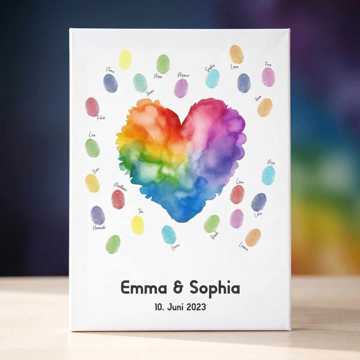 Gästebuch Hochzeit mit Fingerabdruck Gästebuch, bunten Fingerabdrücken und Aquarellherz, Namen und Datum