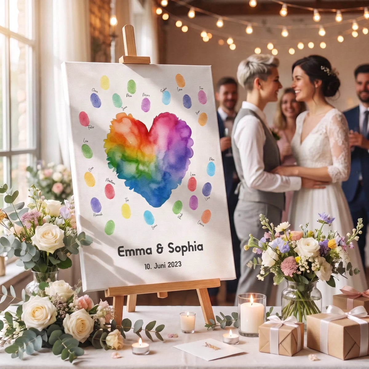 Gästebuch Hochzeit mit Fingerabdruck-Motiv und Namen, neben Blumen und Kerzen bei einer Feier - Feed