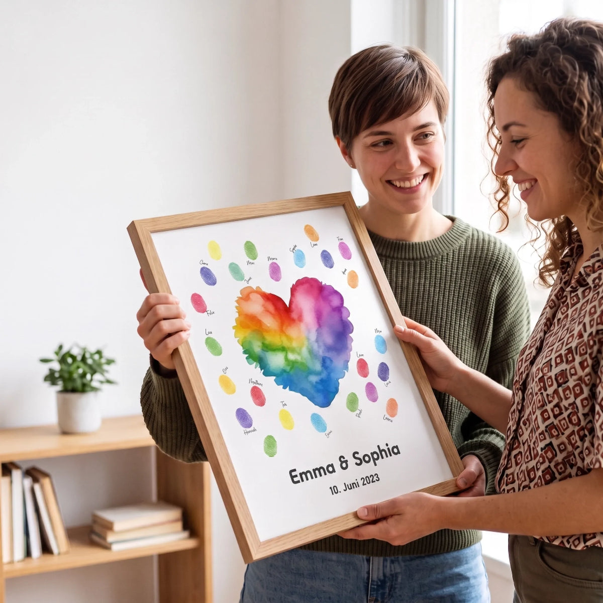 Personalisierte Poster mit Namen und Datum, als Fingerabdruck Gästebuch gestaltet, gehalten von zwei Personen - Feed