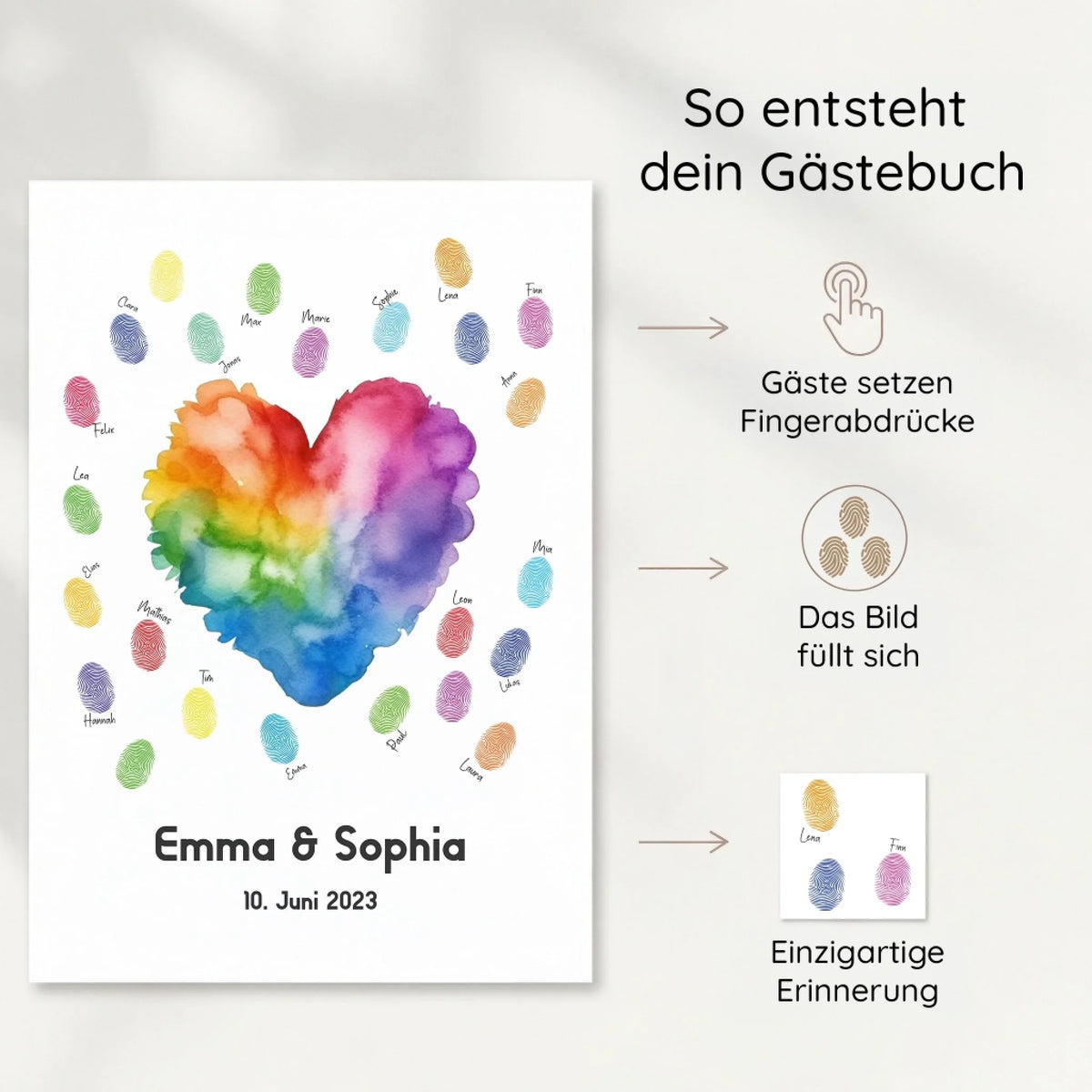 Personalisierte Gästebücher mit Fingerabdruck Gästebuch, Regenbogenherz und Namen, Datum 10. Juni 2023