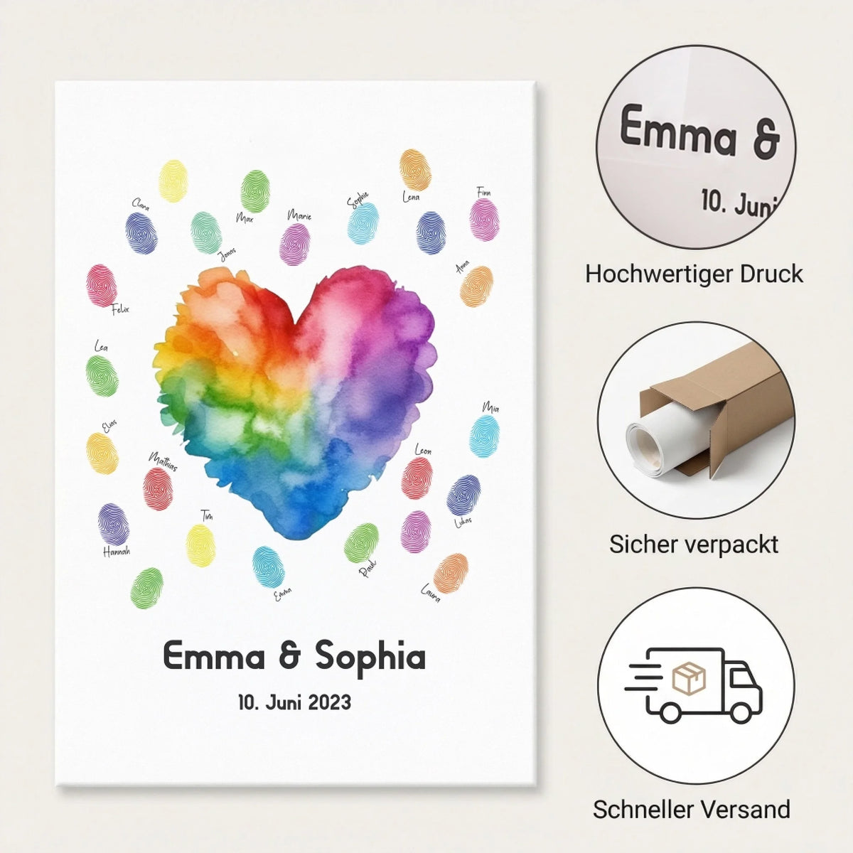 Gästebuch Hochzeit mit bunten Fingerabdrücken, Namen und Datum 10. Juni 2023, sicher verpackt