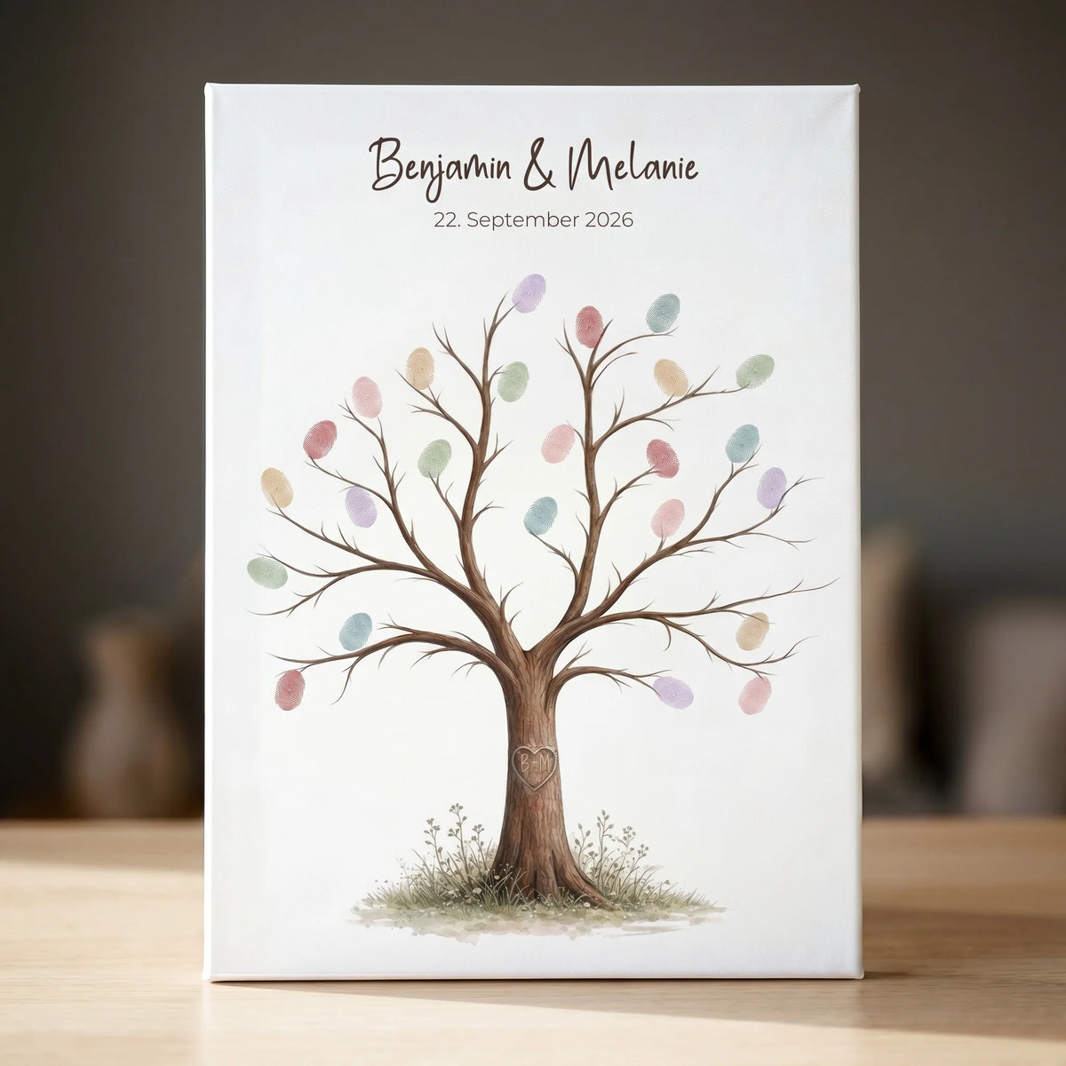 Personalisierte Poster mit Namen Benjamin und Melanie sowie Datum 22. September 2026 und Fingerabdruck-Motiven