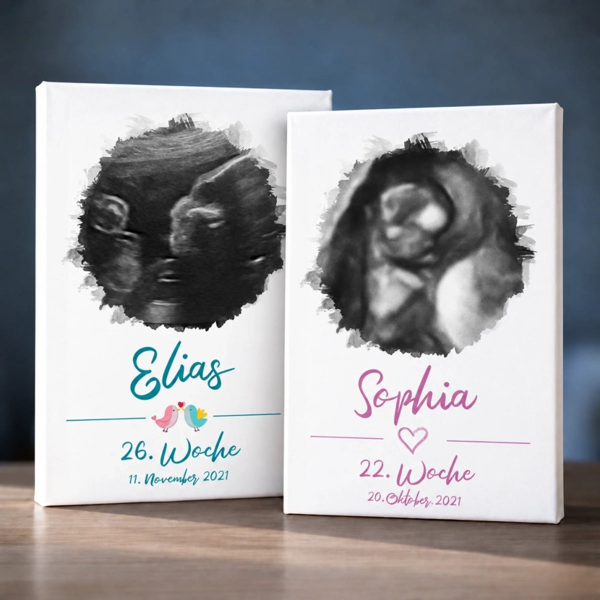 Zwei personalisierte Erinnerungsbilder auf Leinwand mit Ultraschallbildern und Namen Elias und Sophia - Feed