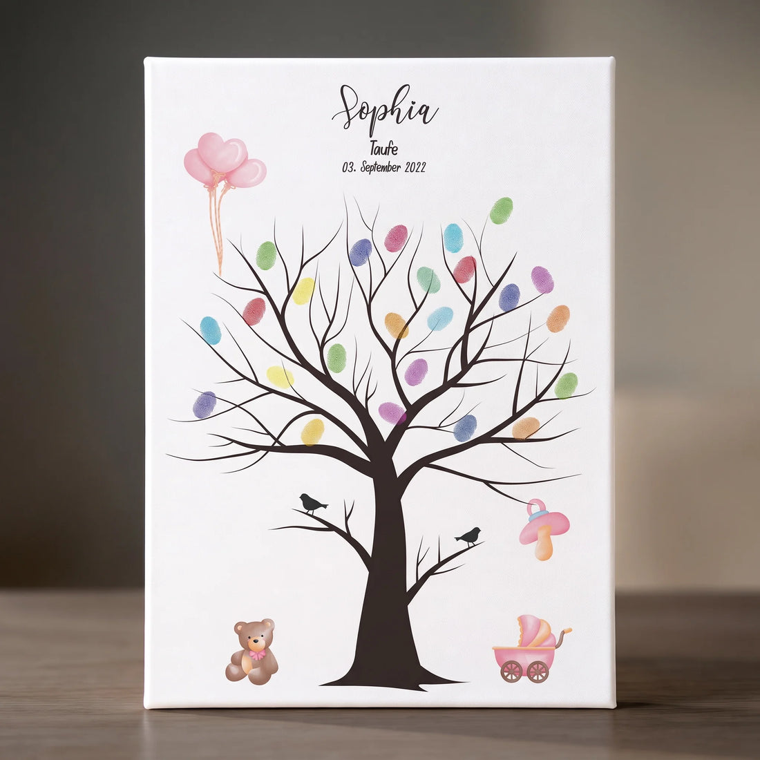 Personalisierte Gästebücher auf Leinwand mit Fingerabdrücken, Baum, Name Sophia und Datum 13. September 2022