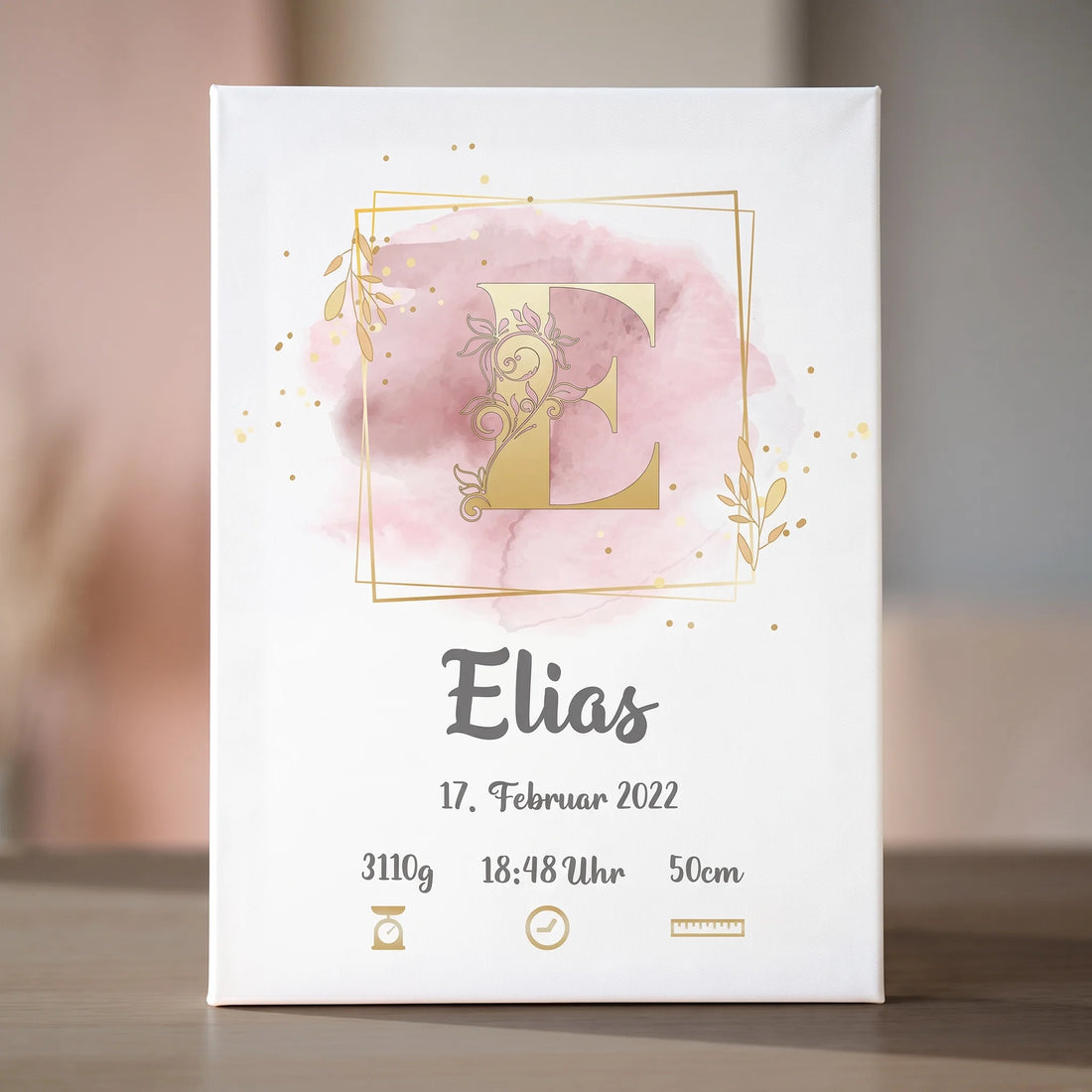 Personalisierte Erinnerungsbilder auf einer Leinwand mit Namen Elias, Geburtsdatum, Uhrzeit, Gewicht und Körpergröße