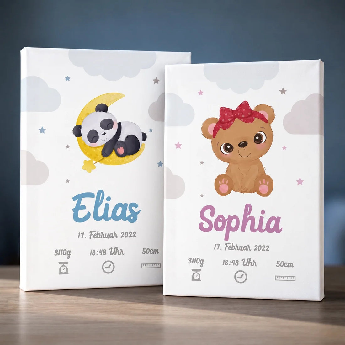 Zwei personalisierte Poster mit Namen und Datum, Elias und Sophia, mit Tiermotiven und Geburtsdaten